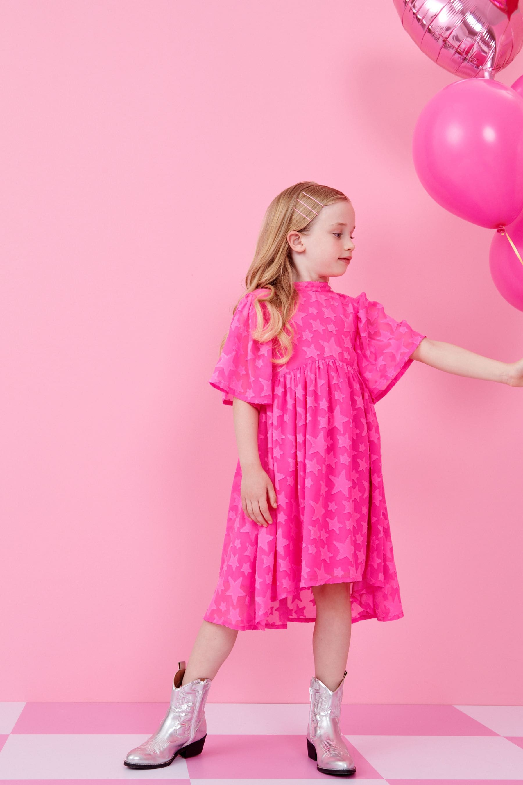 Bright Pink Star Jacquard Party Dress (3-16yrs)