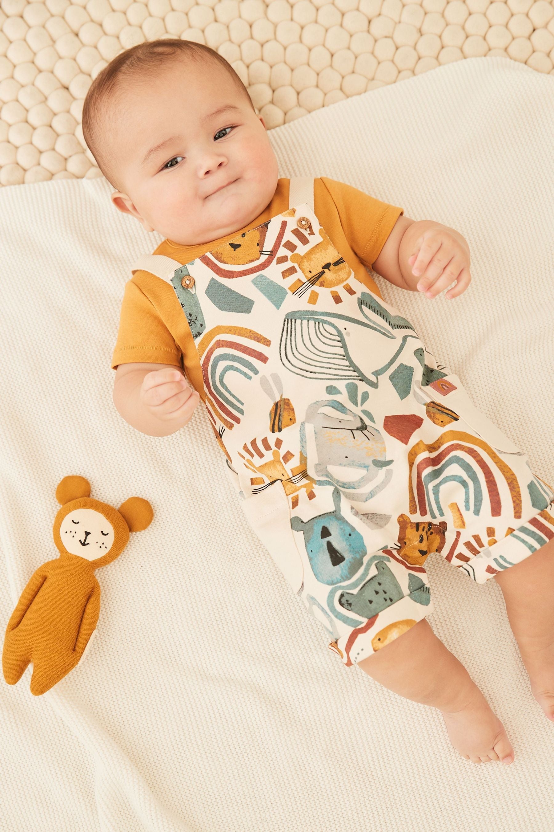 Brown/Cream Safari Animals Baby Jersey Dungarees And Bodysuit Set (0mths-2yrs)