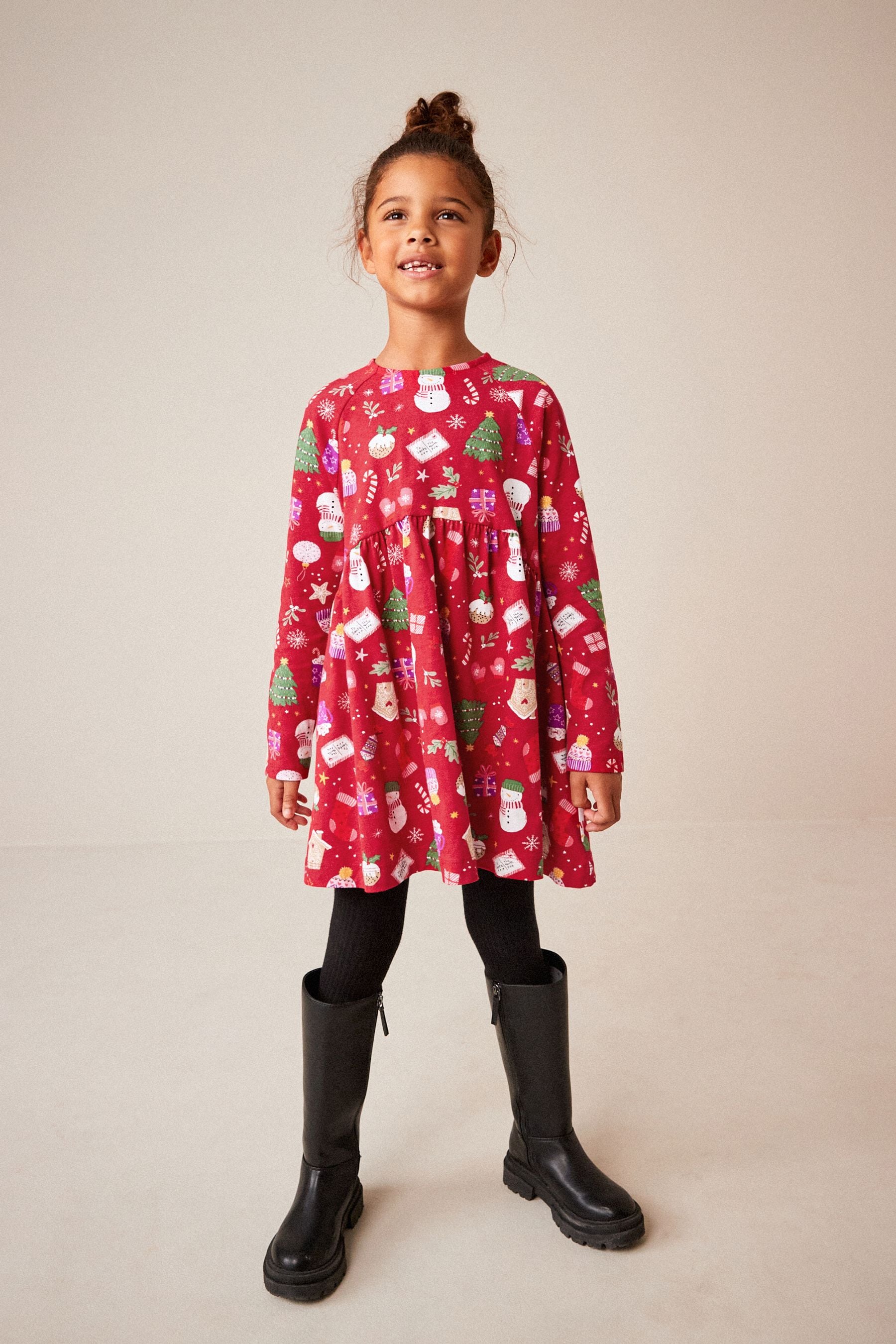 Red Christmas Print Long Sleeve Jersey Dress (3-16yrs)