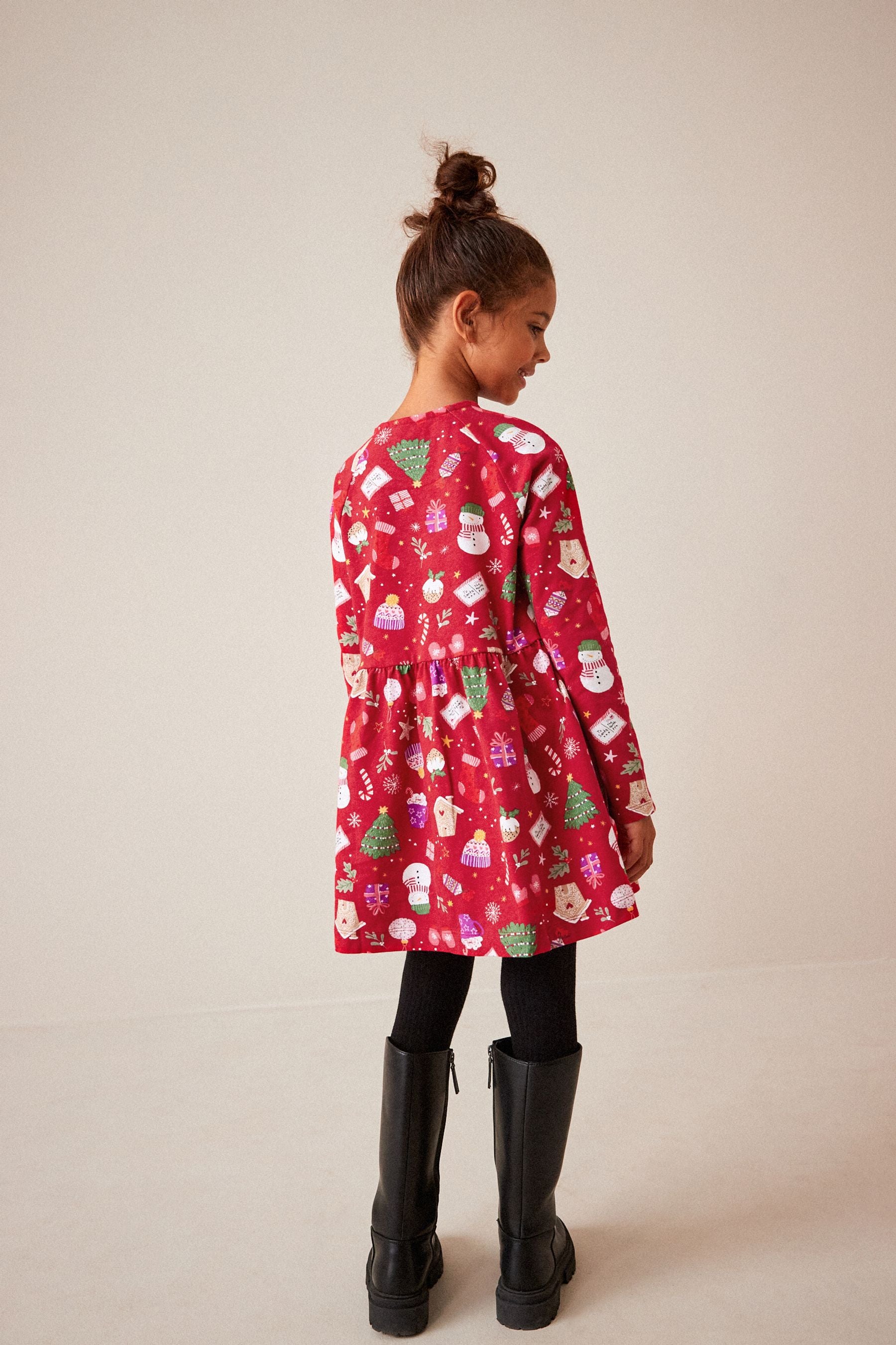 Red Christmas Print Long Sleeve Jersey Dress (3-16yrs)