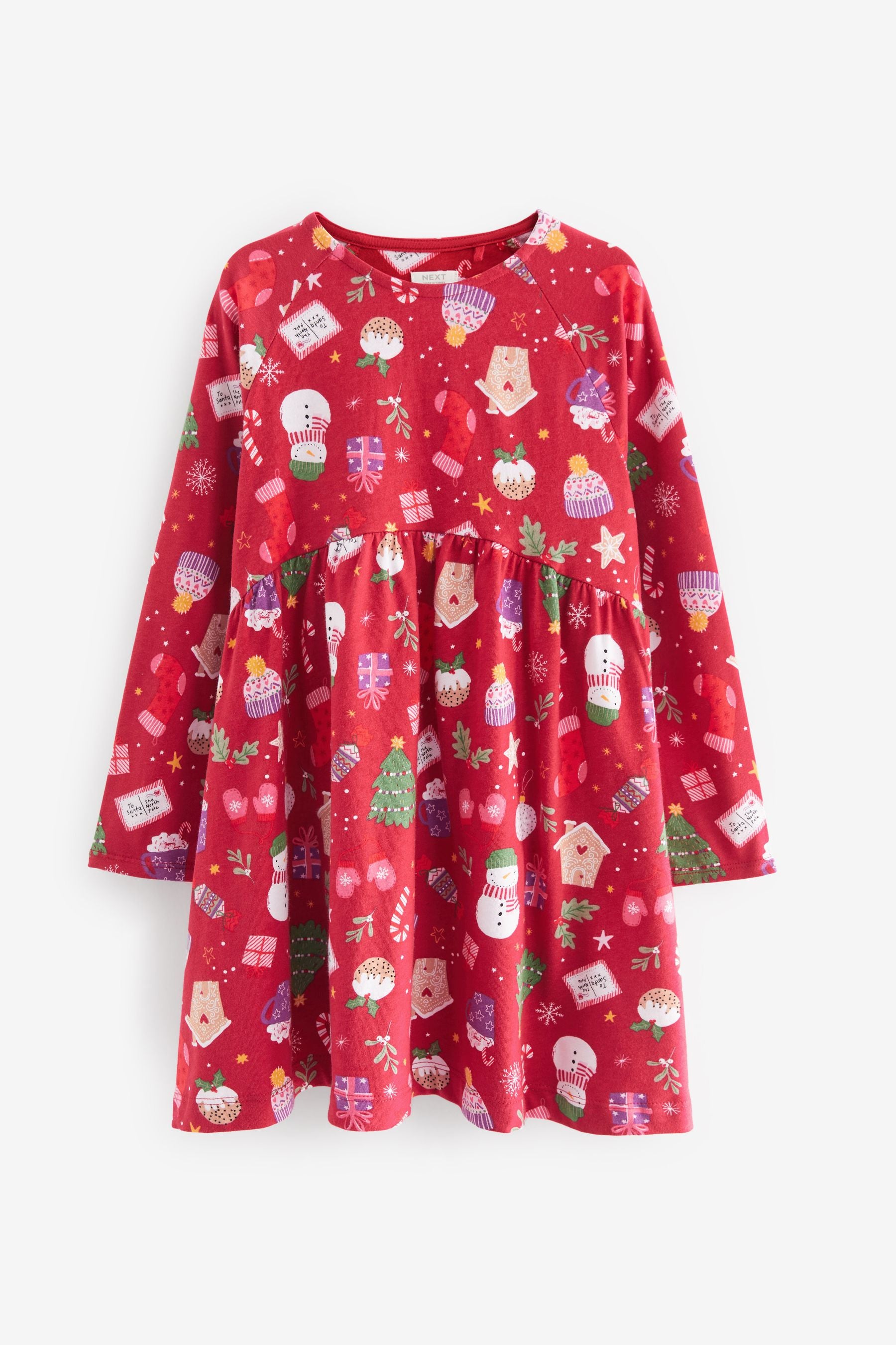 Red Christmas Print Long Sleeve Jersey Dress (3-16yrs)