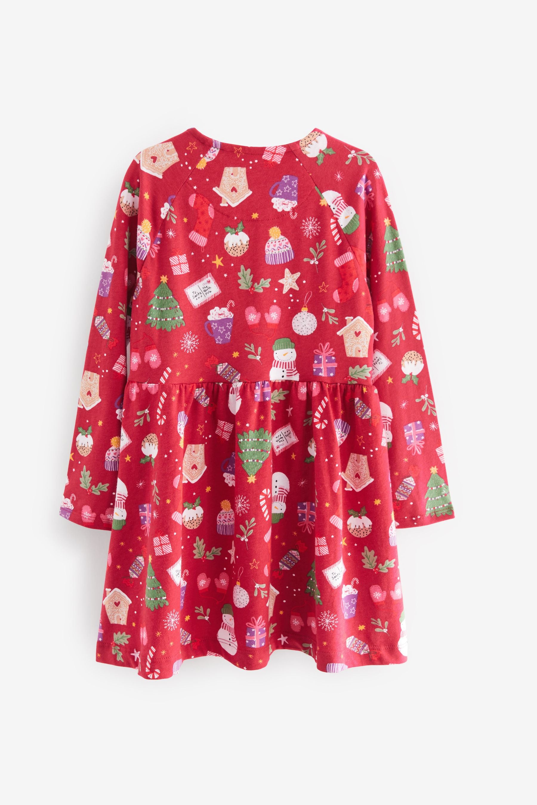 Red Christmas Print Long Sleeve Jersey Dress (3-16yrs)