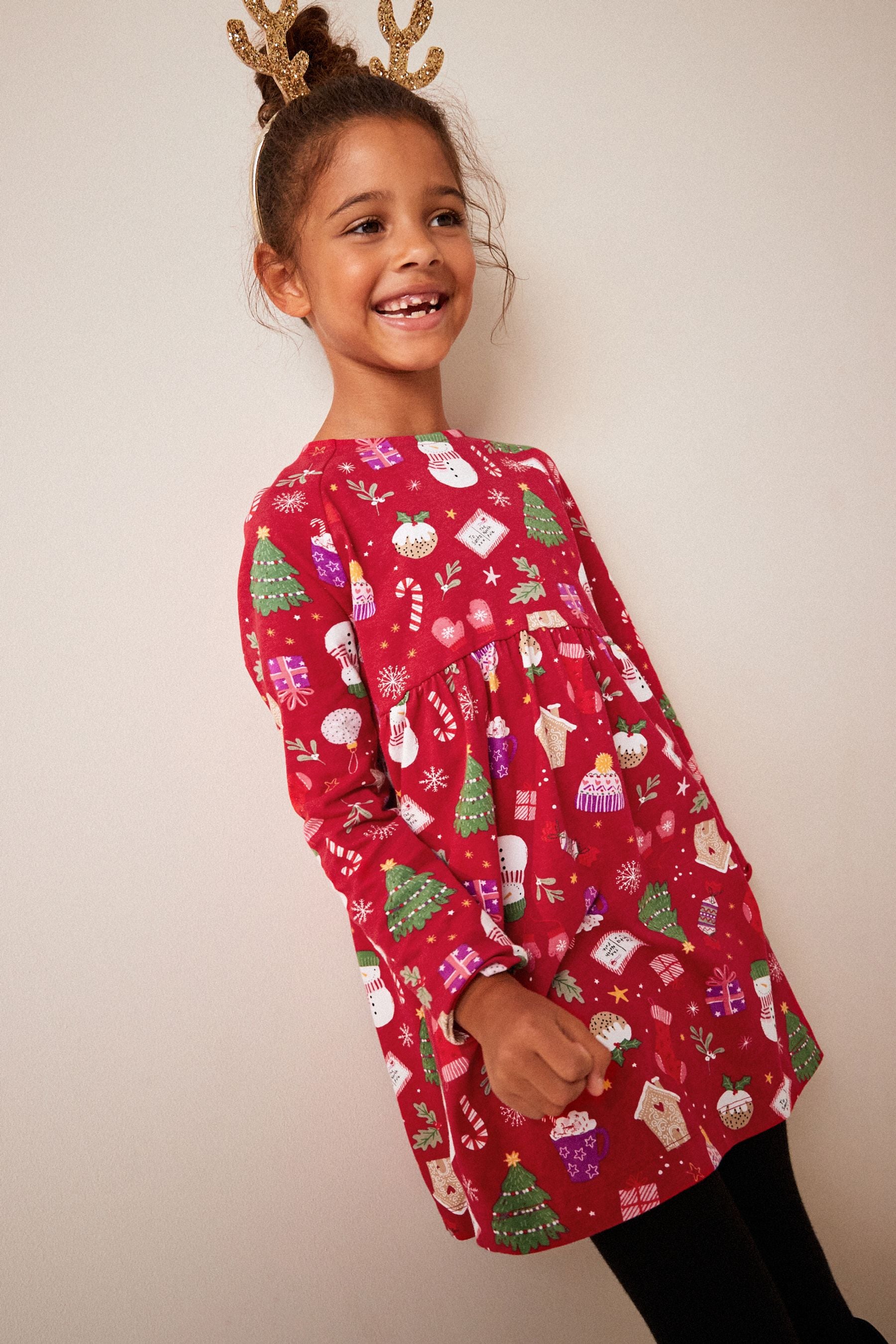 Red Christmas Print Long Sleeve Jersey Dress (3-16yrs)