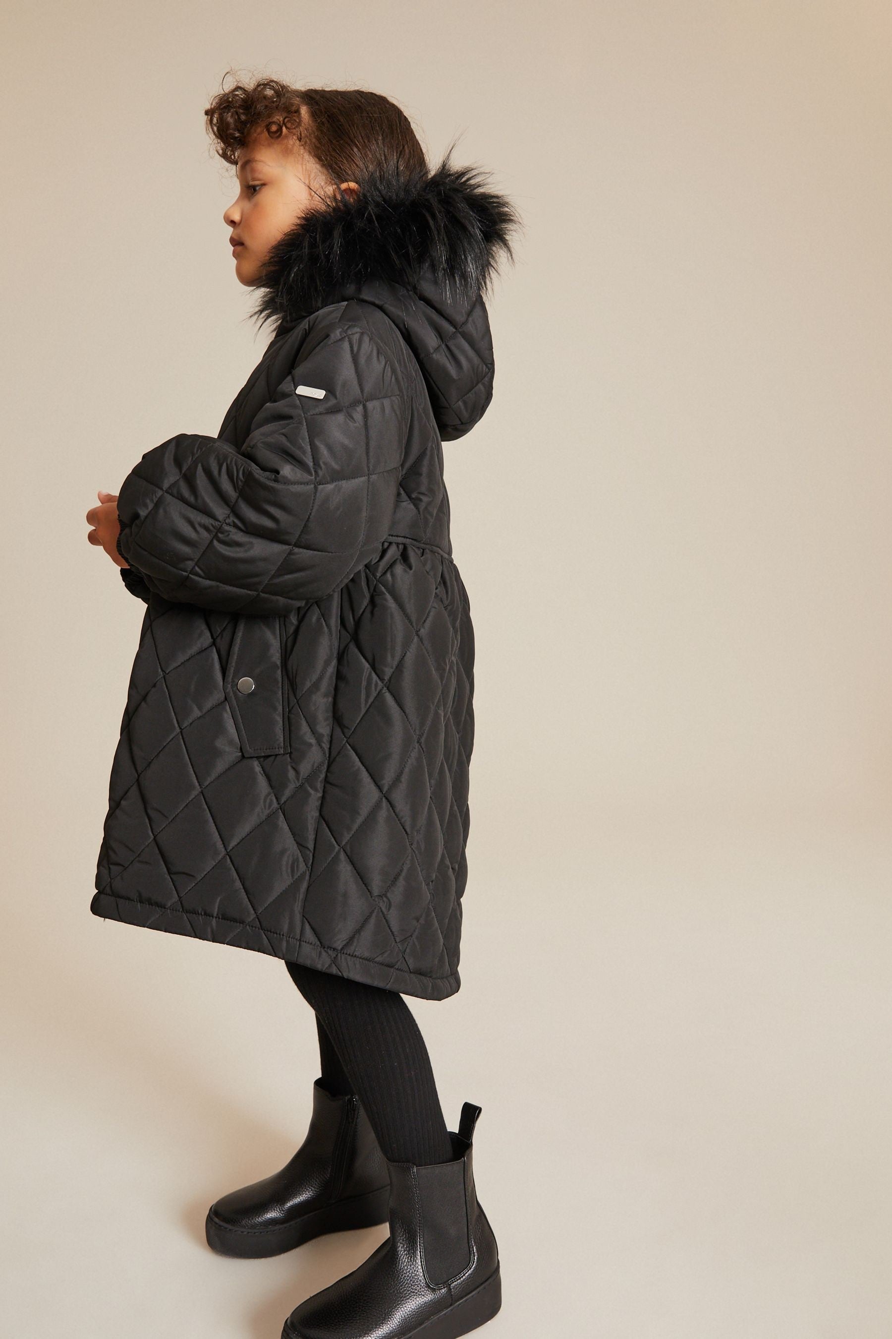 Black Faux Fur Hooded Quilted Padded Coat (3-16yrs)