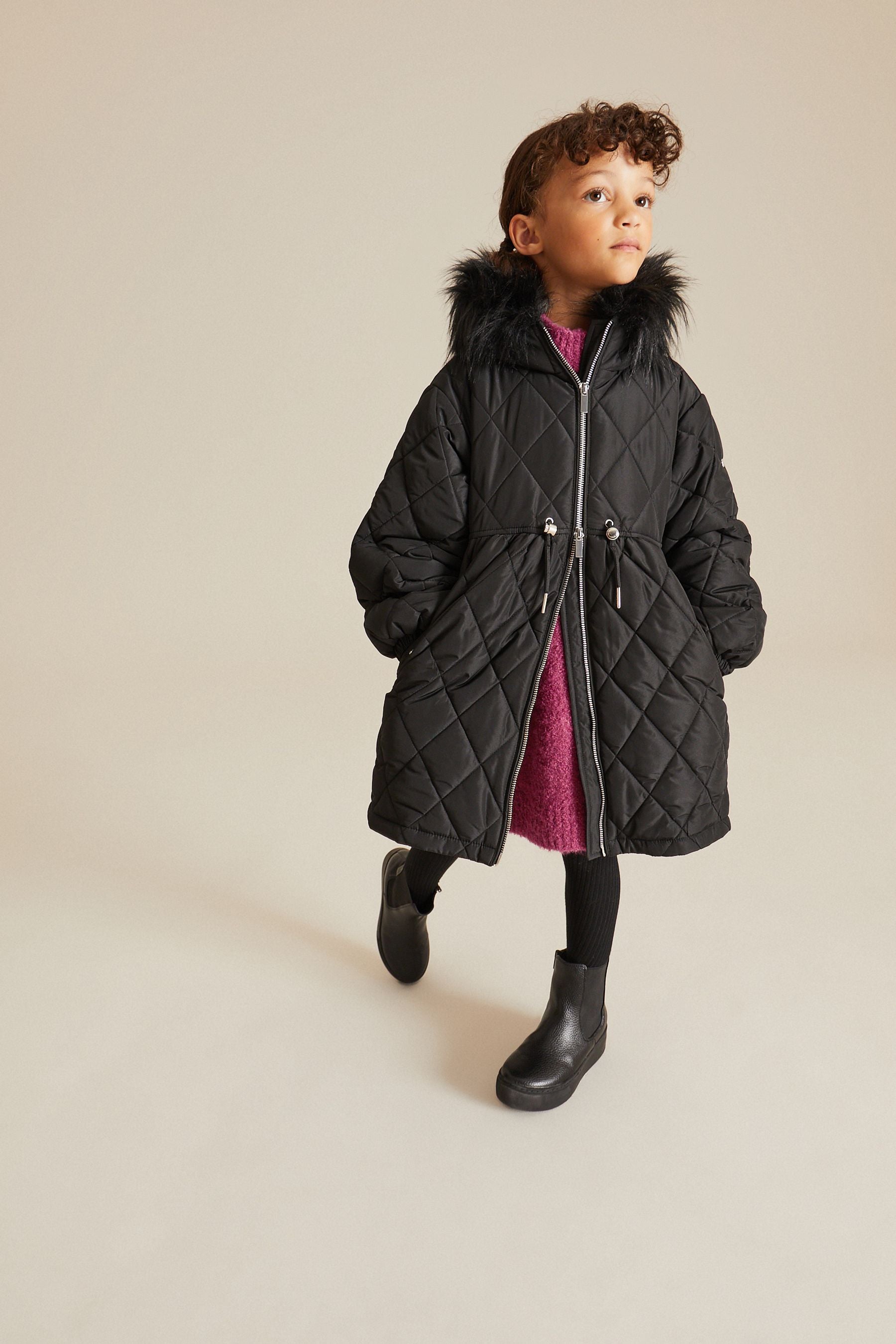 Black Faux Fur Hooded Quilted Padded Coat (3-16yrs)