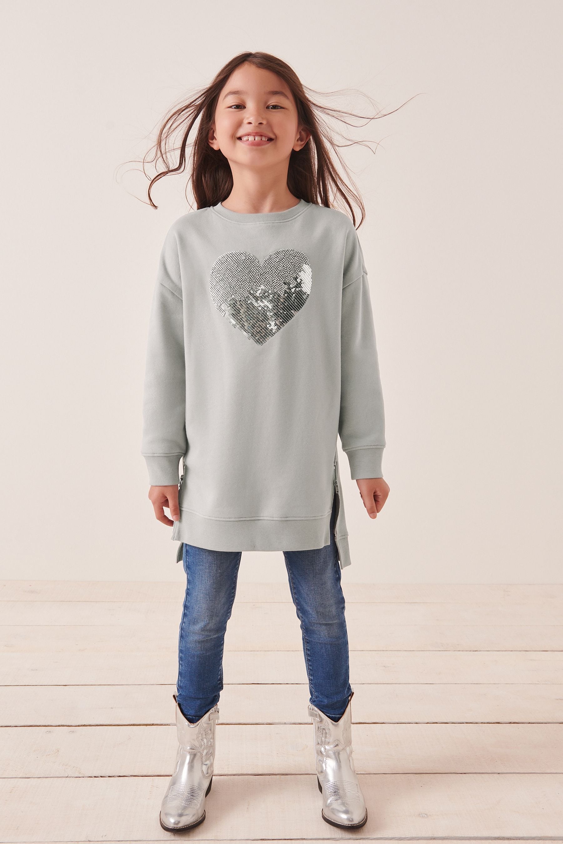 Grey/Silver Sequin & Bead Heart Soft Jumper Dress (3-16yrs)