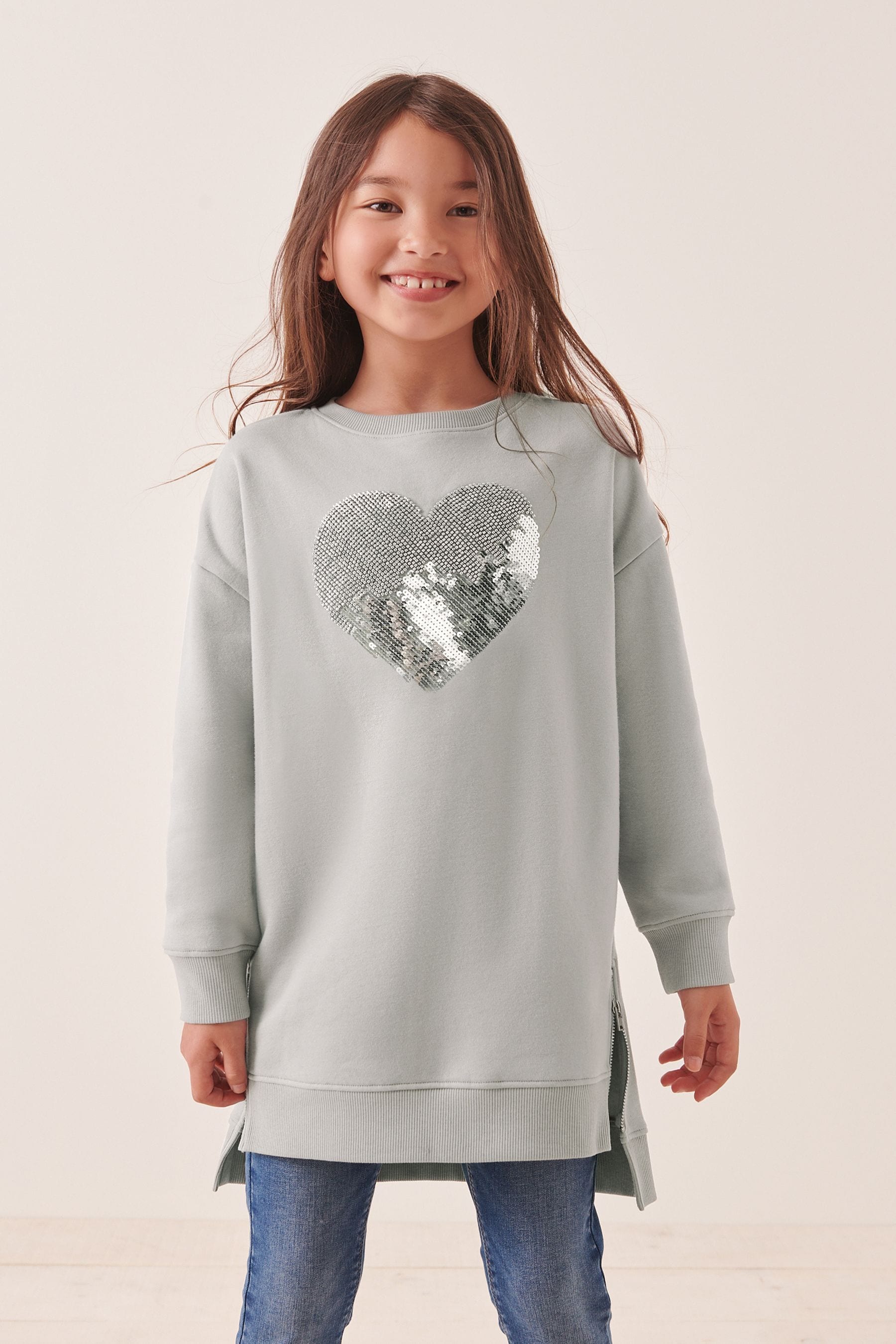 Grey/Silver Sequin & Bead Heart Soft Jumper Dress (3-16yrs)