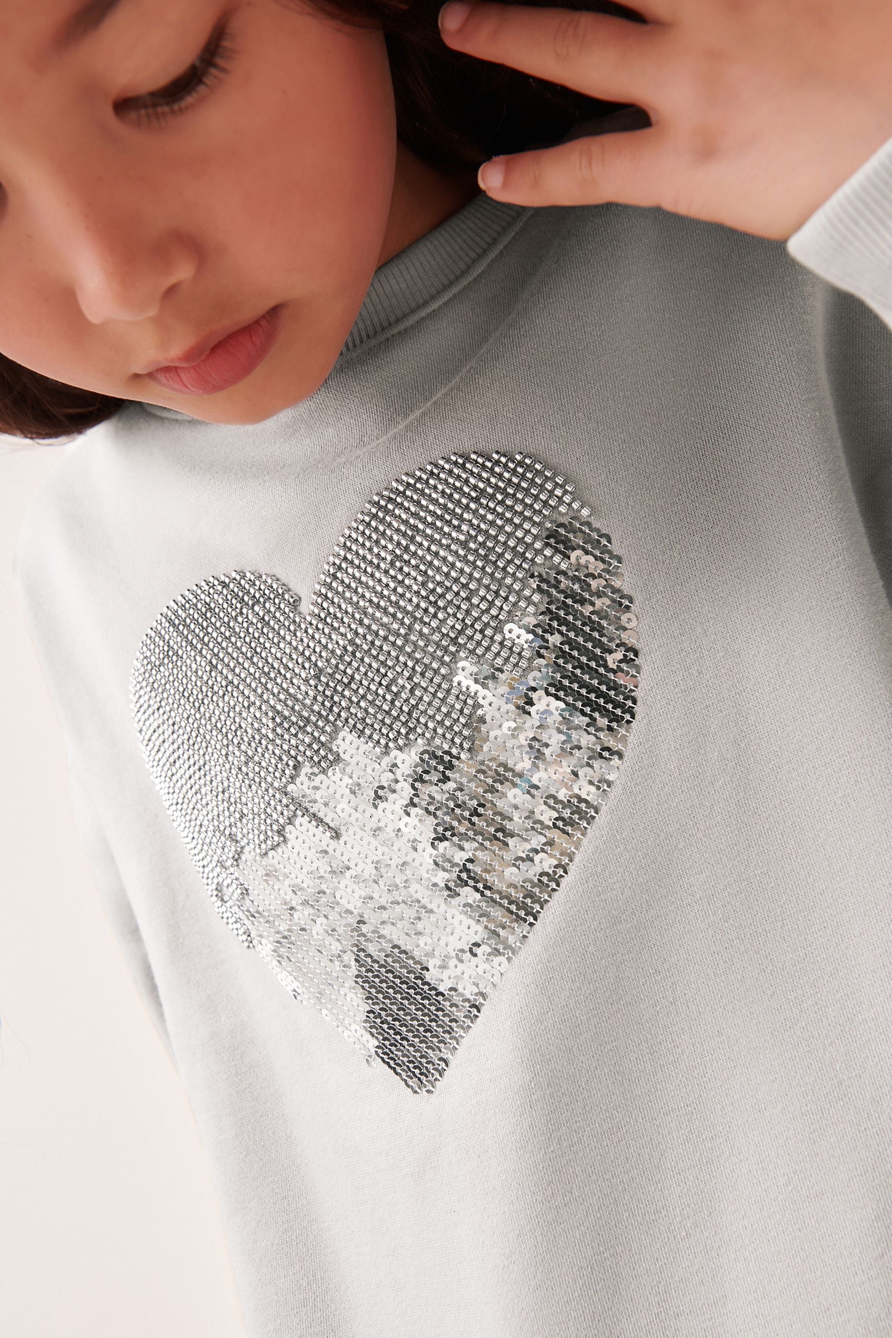 Grey/Silver Sequin & Bead Heart Soft Jumper Dress (3-16yrs)