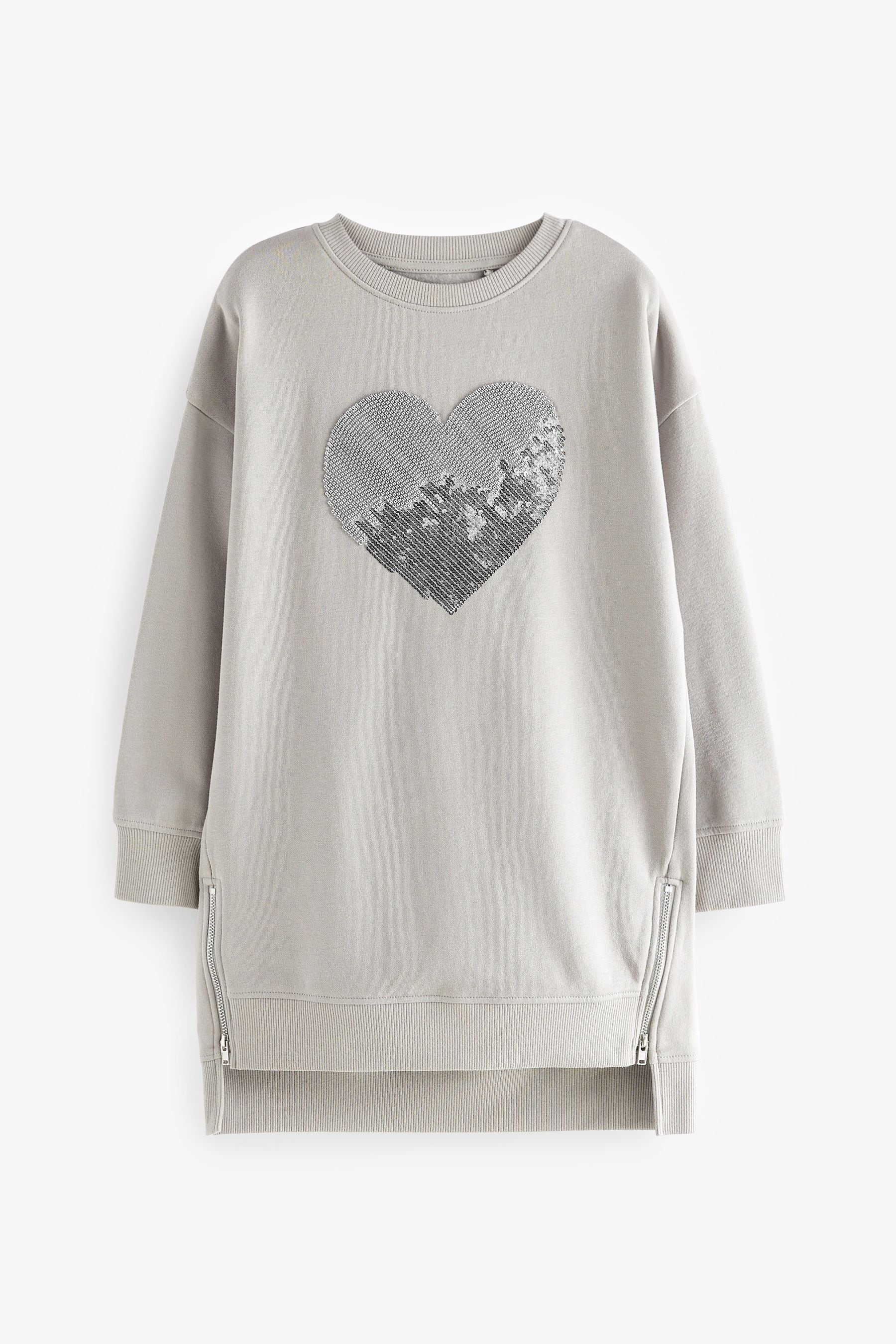 Grey/Silver Sequin & Bead Heart Soft Jumper Dress (3-16yrs)