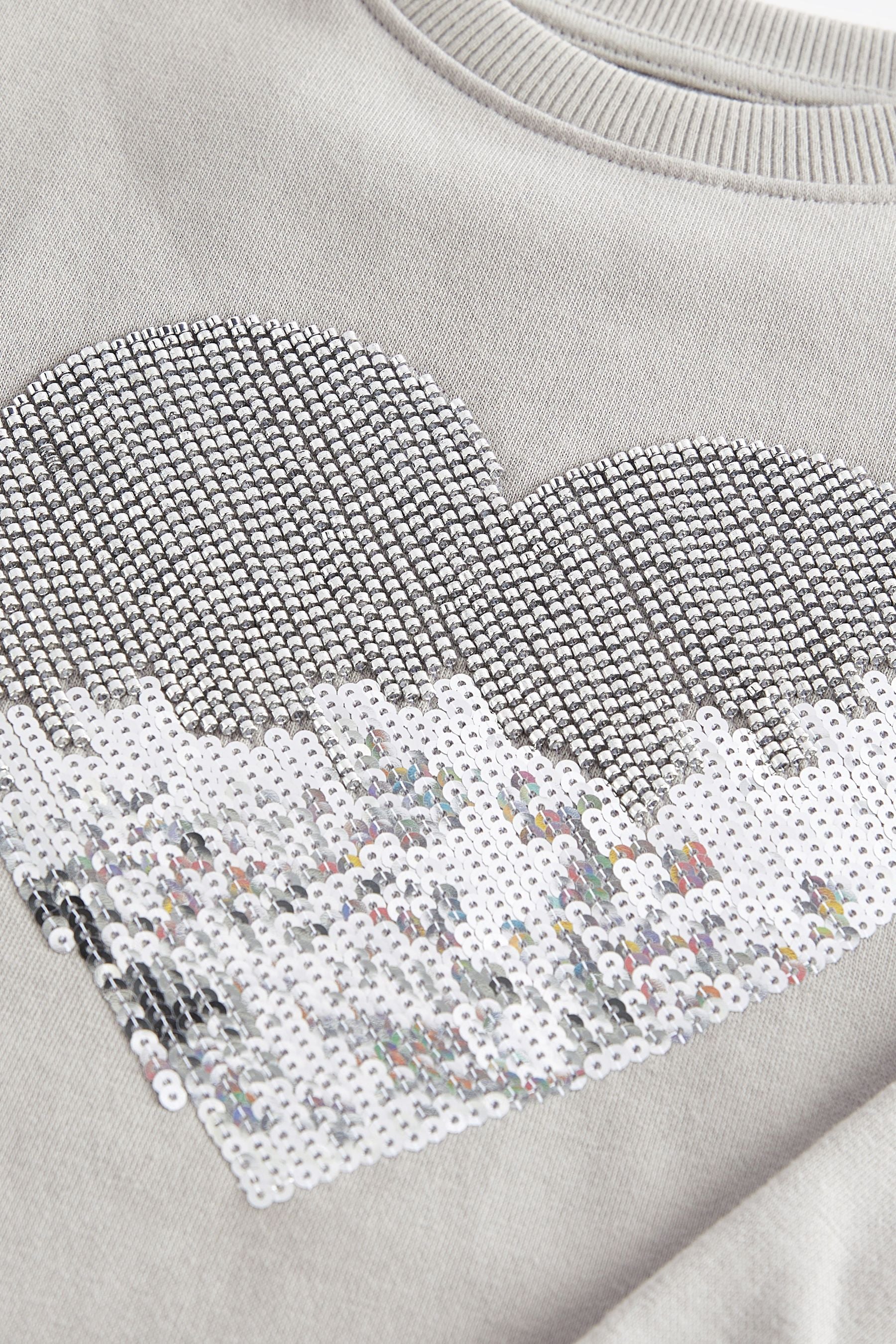 Grey/Silver Sequin & Bead Heart Soft Jumper Dress (3-16yrs)