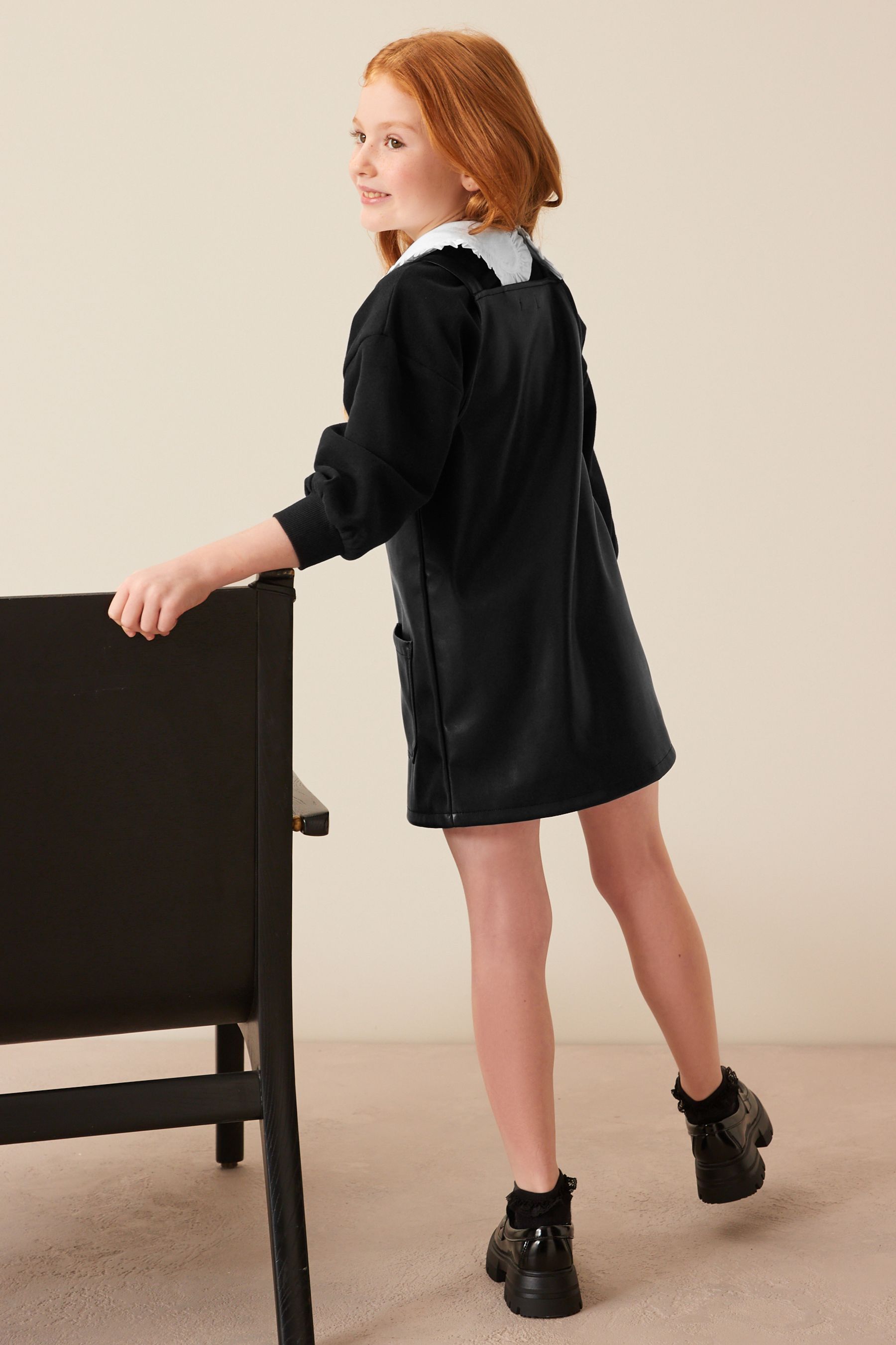 Black Pinafore Dress and Collar Crew Top Set (3-16yrs)