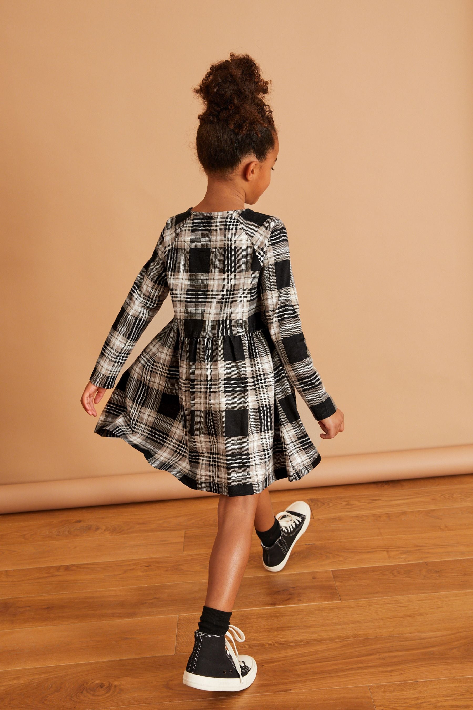 Black/White/Neutral Check Long Sleeve Jersey Dress (3-16yrs)