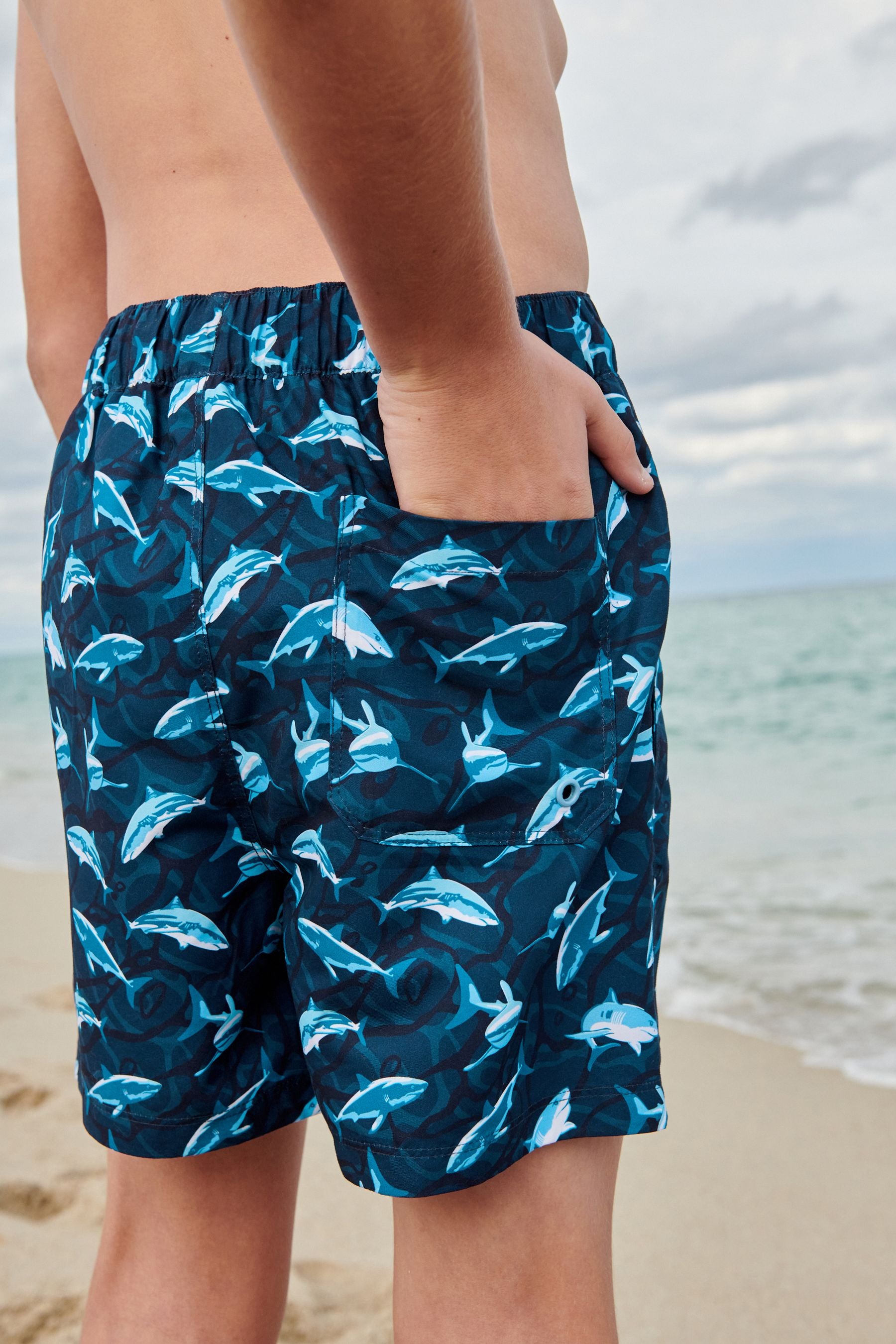 Navy Blue Shark Swim Shorts (3-16yrs)