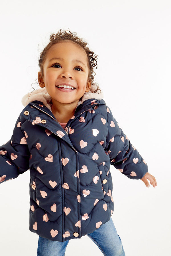 Navy Blue Foil Heart Print Shower Resistant Coat (6mths-7yrs)