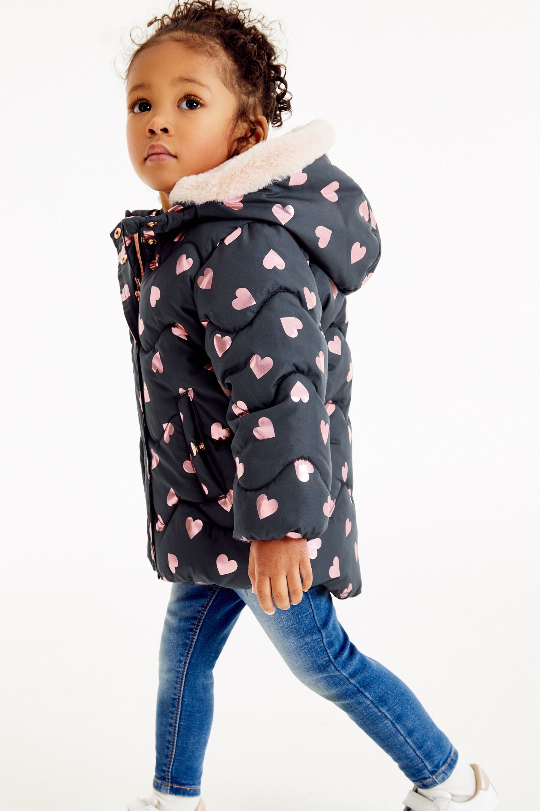 Navy Blue Foil Heart Print Shower Resistant Coat (6mths-7yrs)