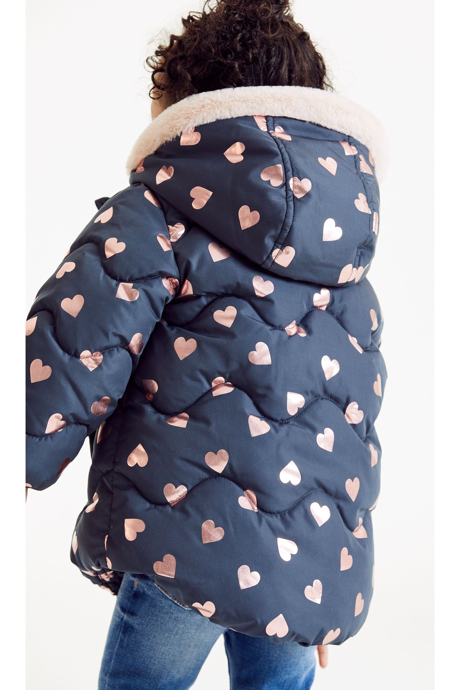 Navy Blue Foil Heart Print Shower Resistant Coat (6mths-7yrs)