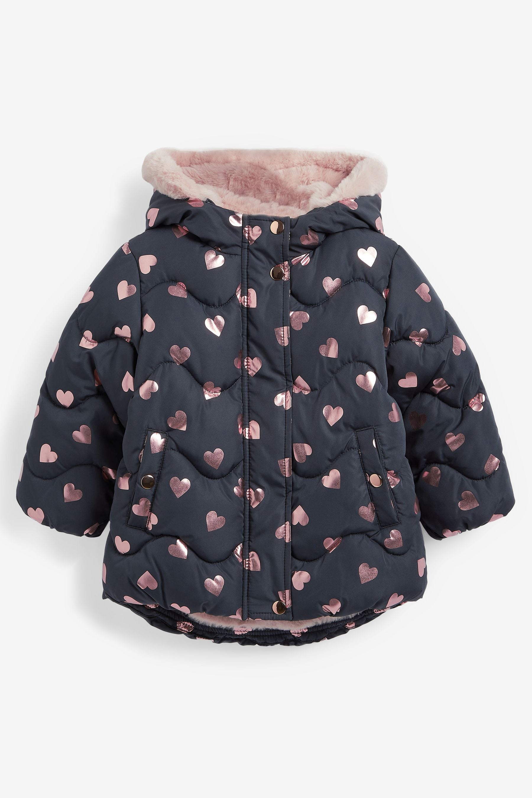 Navy Blue Foil Heart Print Shower Resistant Coat (6mths-7yrs)