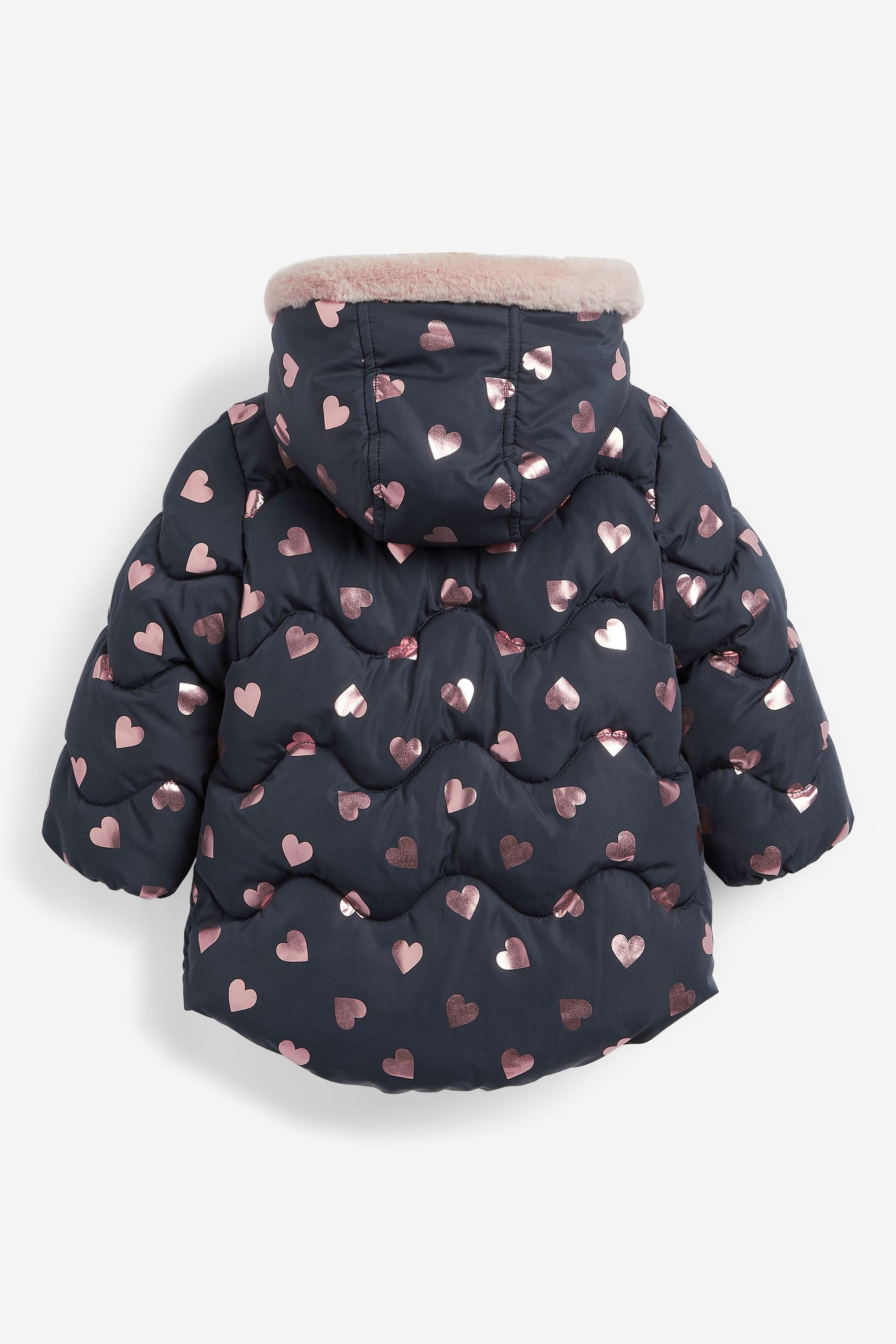 Navy Blue Foil Heart Print Shower Resistant Coat (6mths-7yrs)