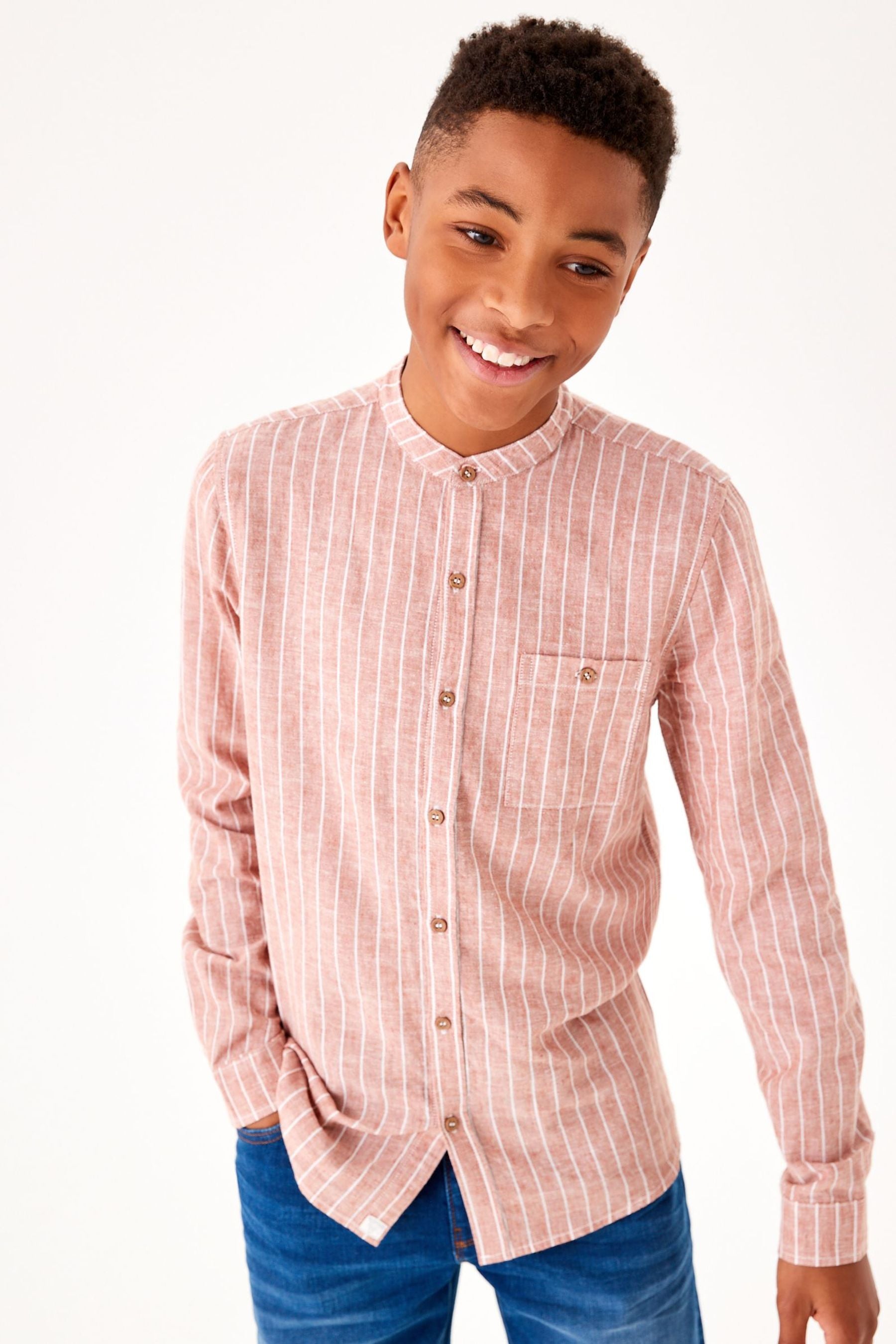 Terracotta Brown Long Sleeve Grandad Collar Linen Mix Shirt (3-16yrs)