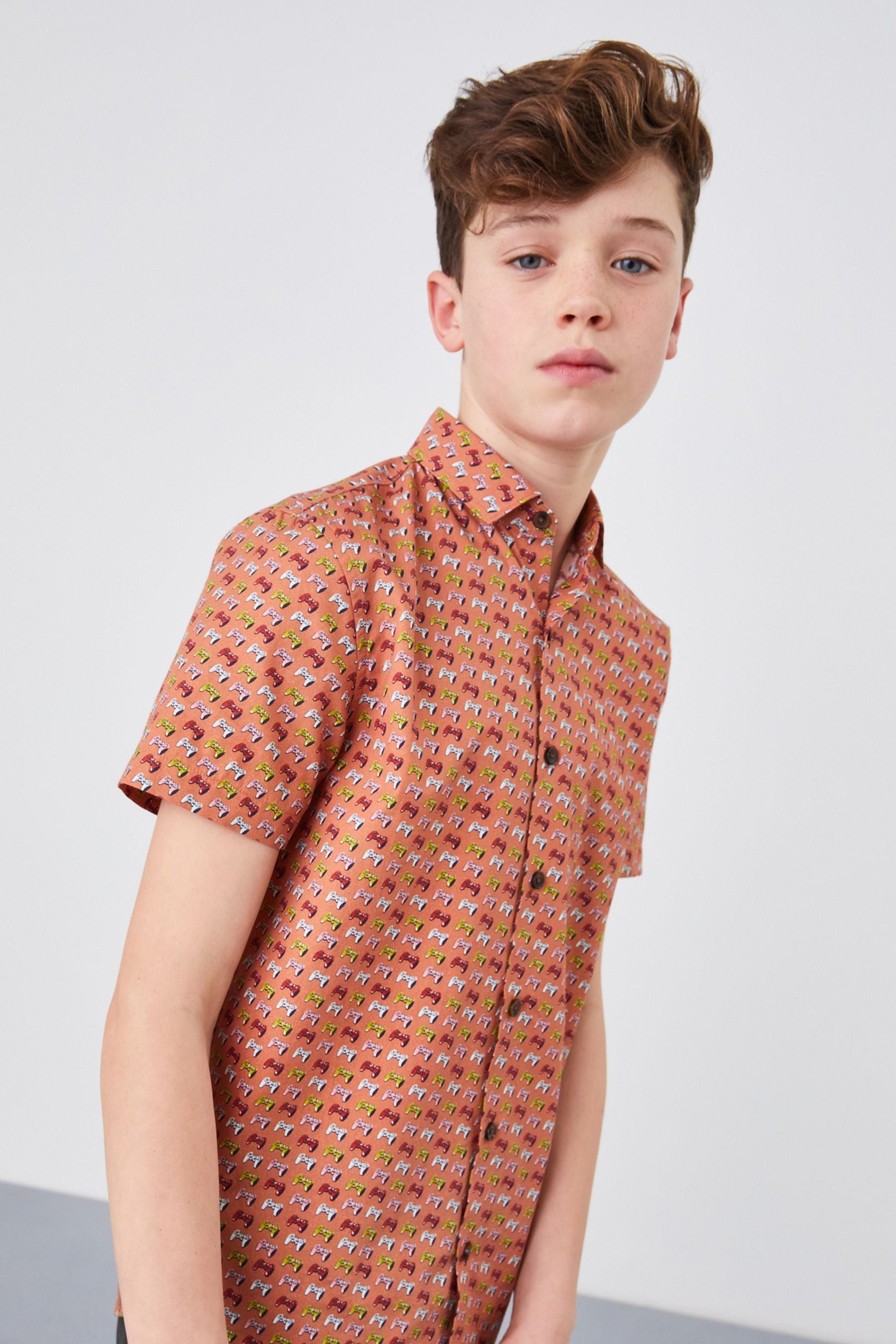 Rust Brown Game Controleller Short Sleeve Printed Shirt (3-16yrs)