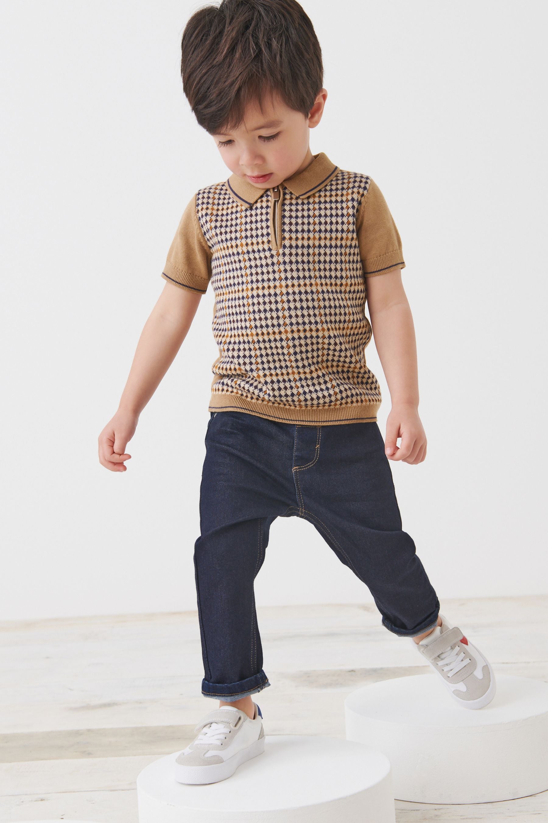 Tan Brown Short Sleeve Check Polo Shirt (3mths-7yrs)