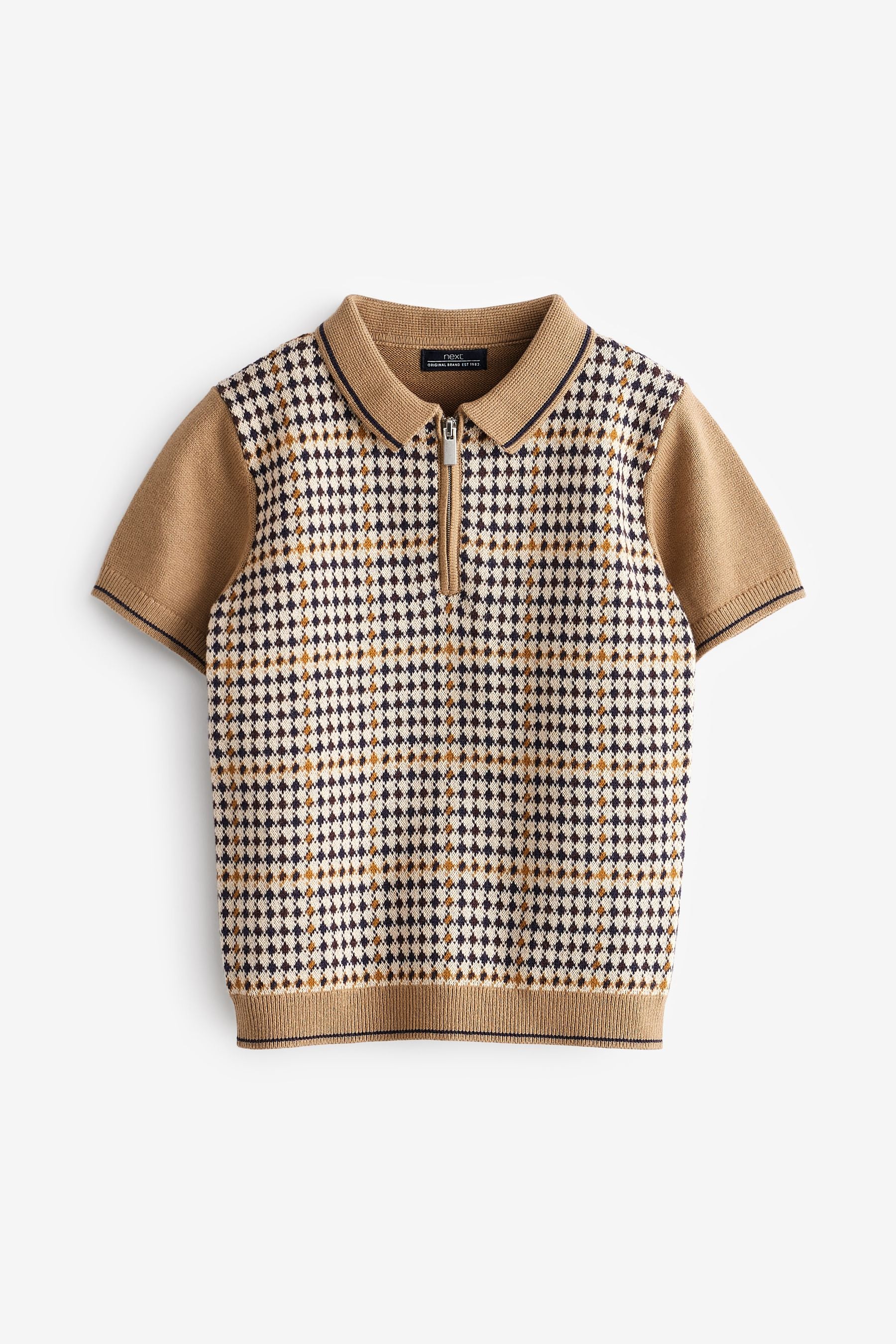 Tan Brown Short Sleeve Check Polo Shirt (3mths-7yrs)