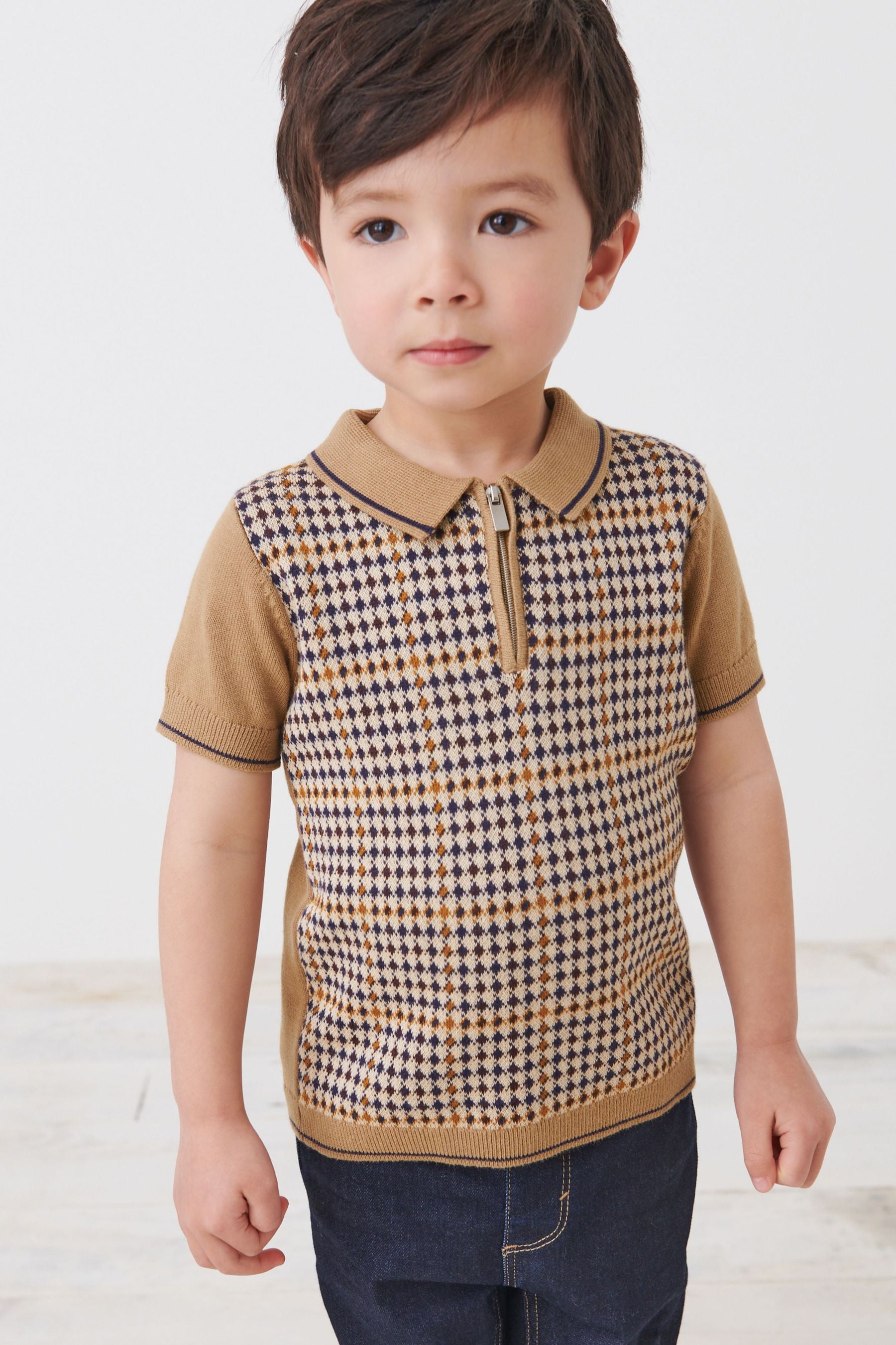 Tan Brown Short Sleeve Check Polo Shirt (3mths-7yrs)