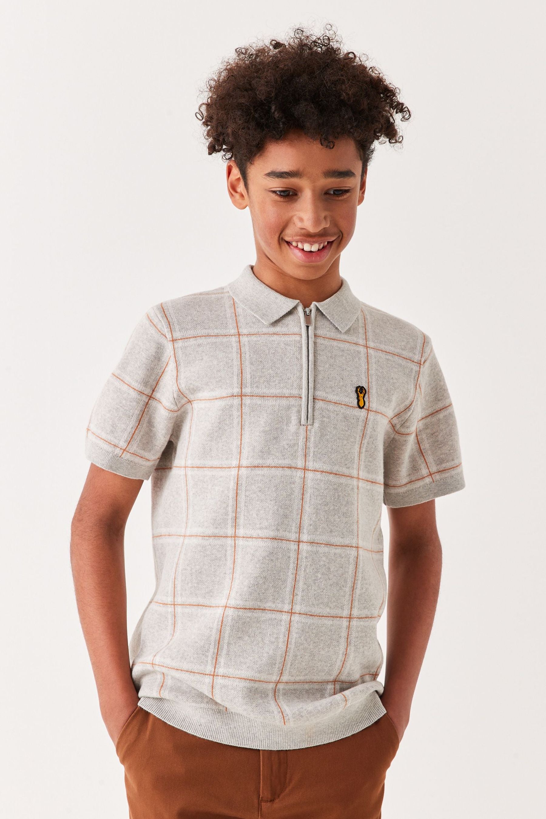 Neutral Short Sleeve Check Knit Polo Shirt (3-16yrs)