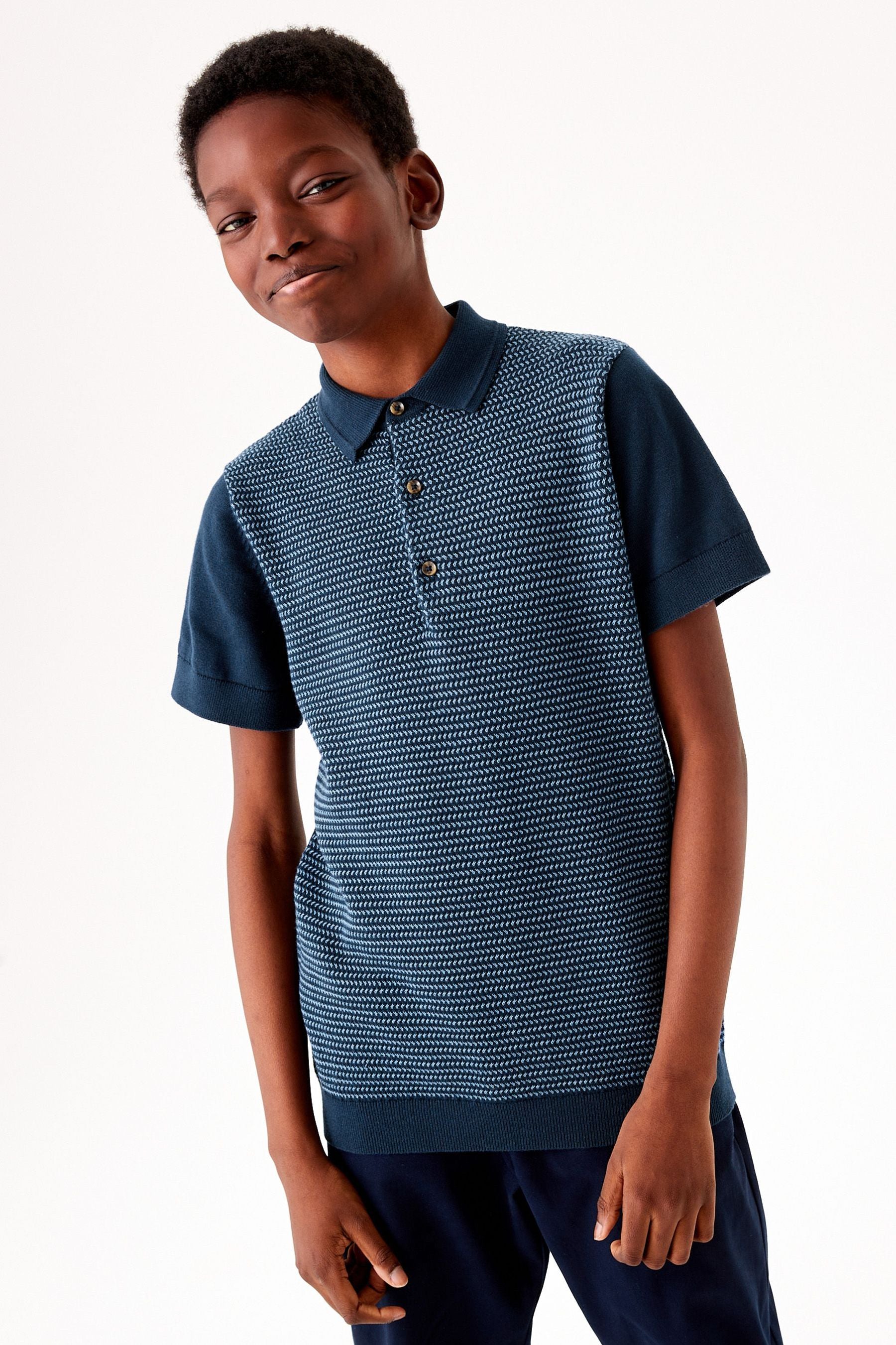 Navy Blue Textured Knit Polo Shirt (3-16yrs)