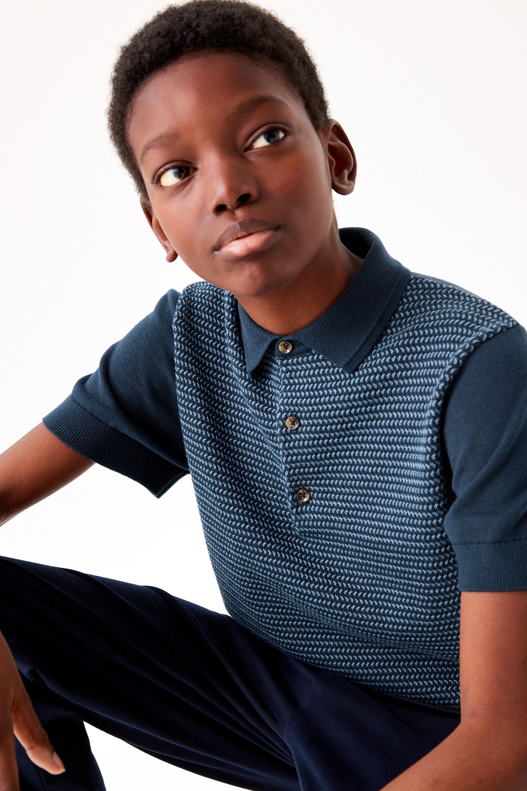 Navy Blue Textured Knit Polo Shirt (3-16yrs)