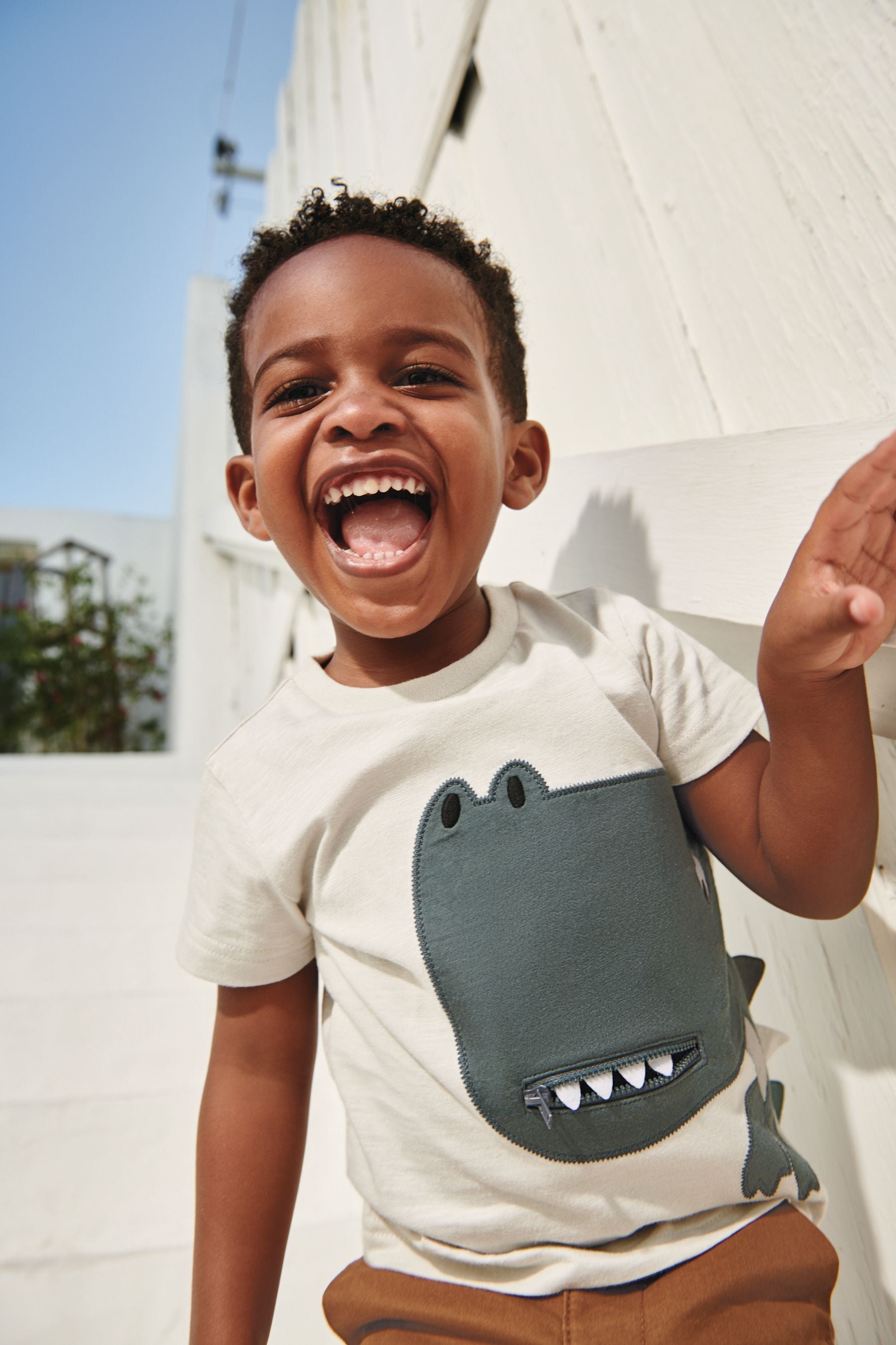 Grey Dino Zip Mouth Appliqu T-Shirt (3mths-7yr