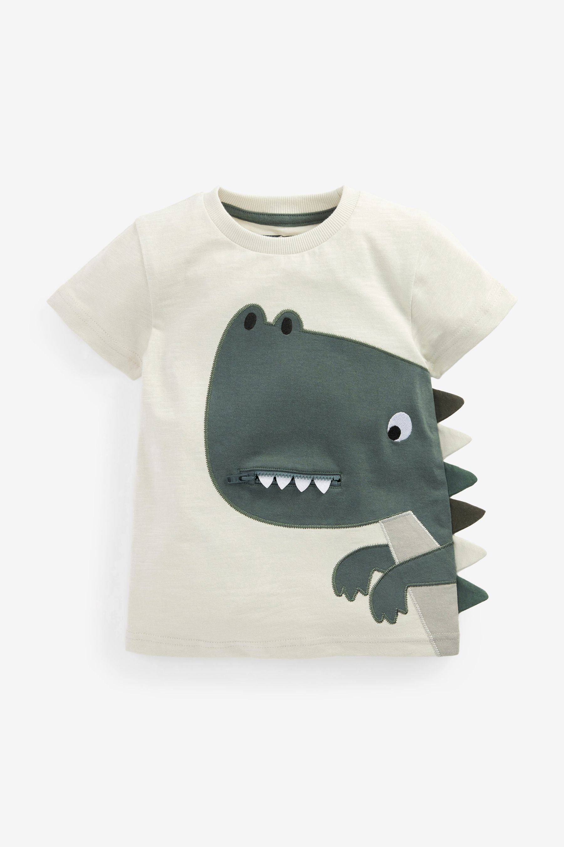 Grey Dino Zip Mouth Appliqu T-Shirt (3mths-7yr