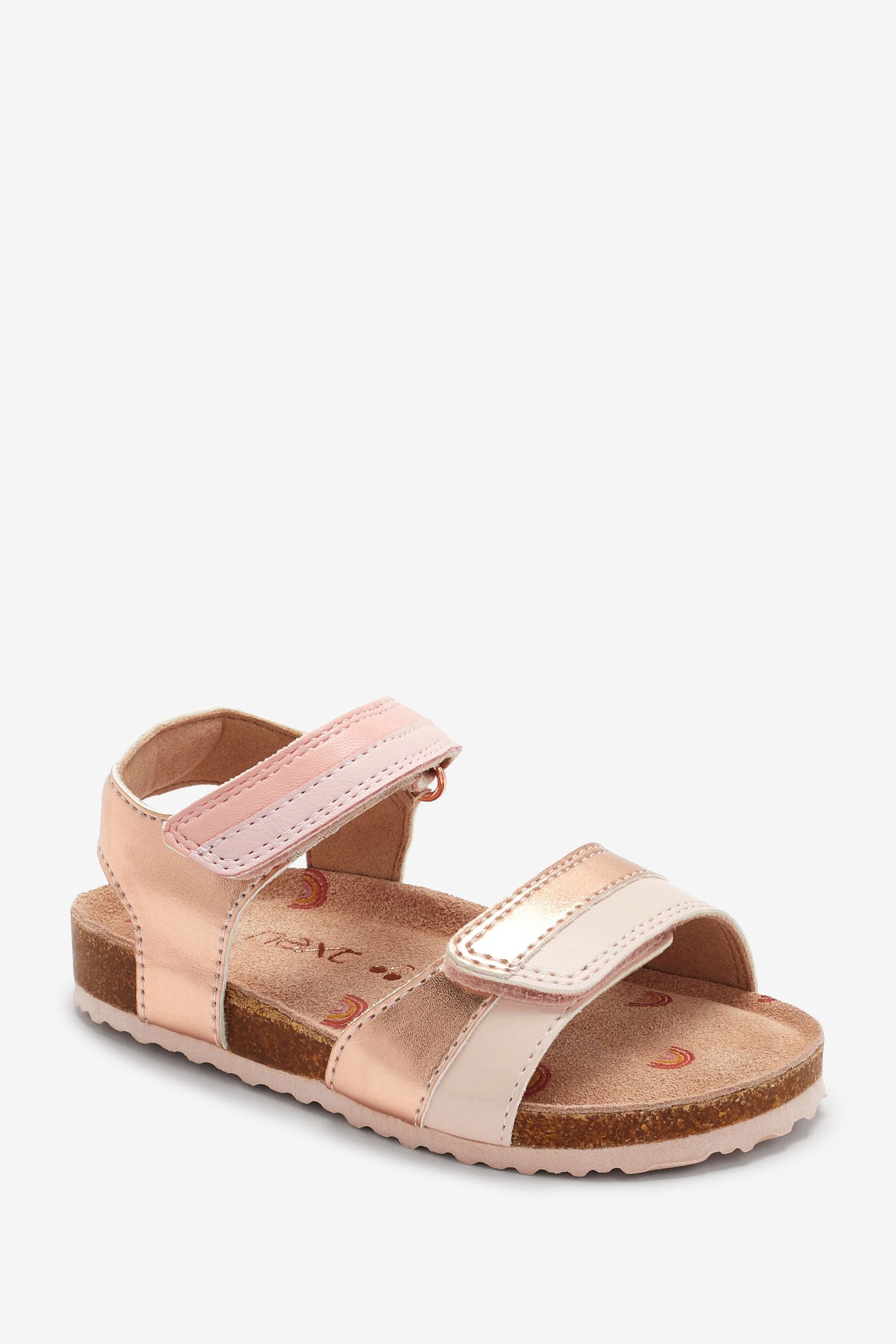 Pink Metallic Stripe Adjustable Strap Corkbed Sandals