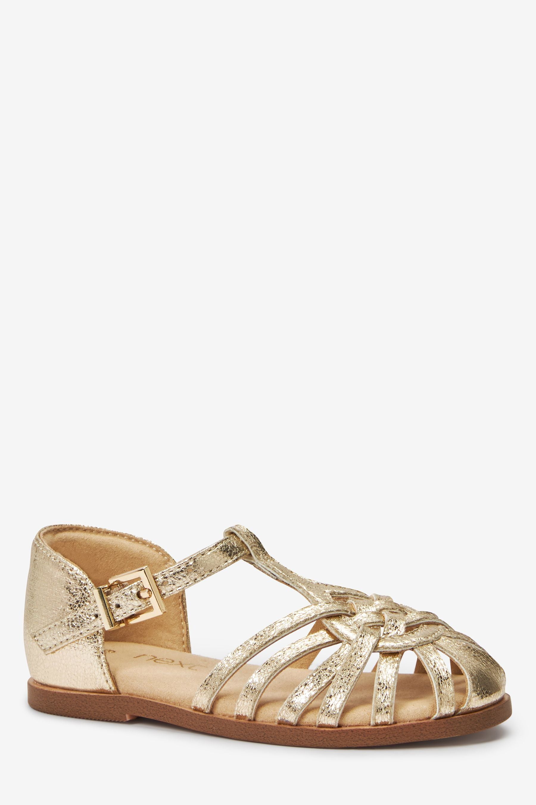 Gold Metallic T-Bar Woven Enclosed Sandals