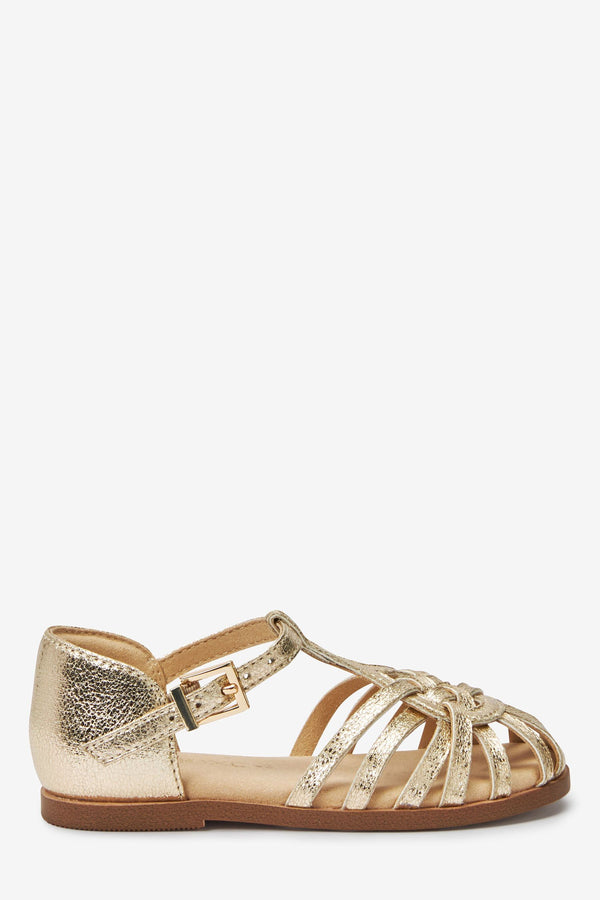 Gold Metallic T-Bar Woven Enclosed Sandals