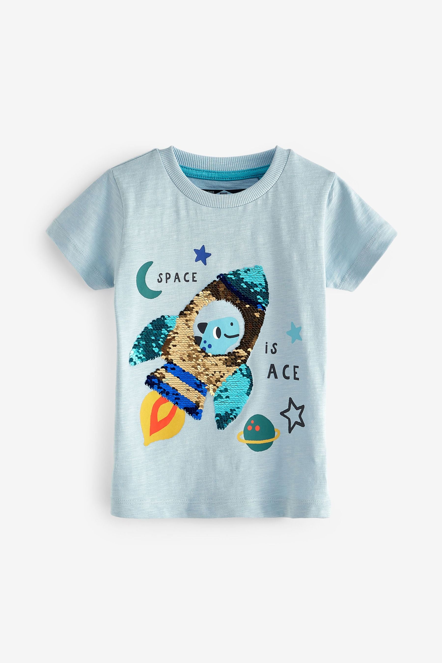 Blue Dino Rocket Flippy Sequin T-Shirt (9mths-7yrs)