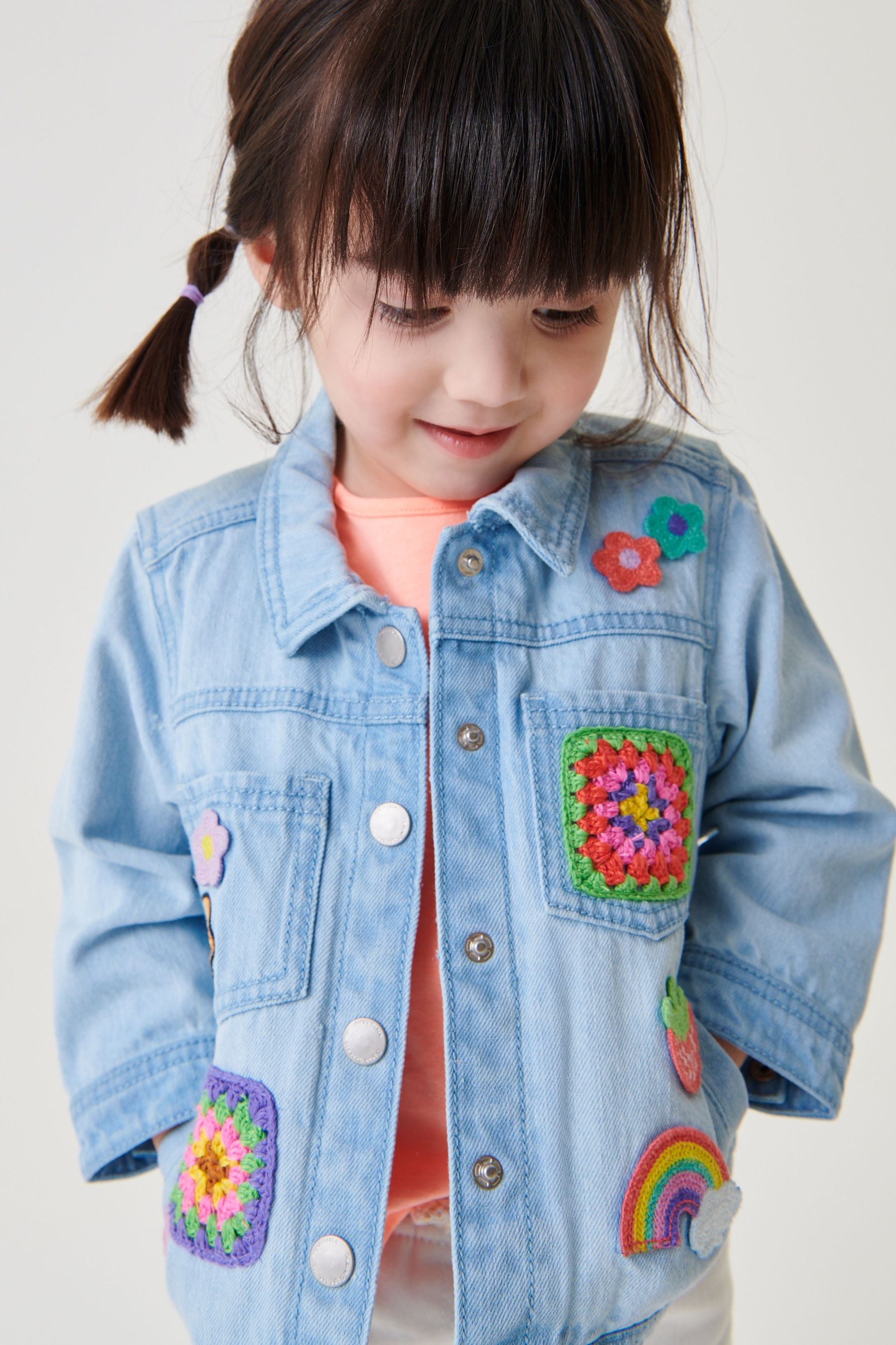 Mid Blue Crochet Embroidered Denim Jacket (3mths-7yrs)