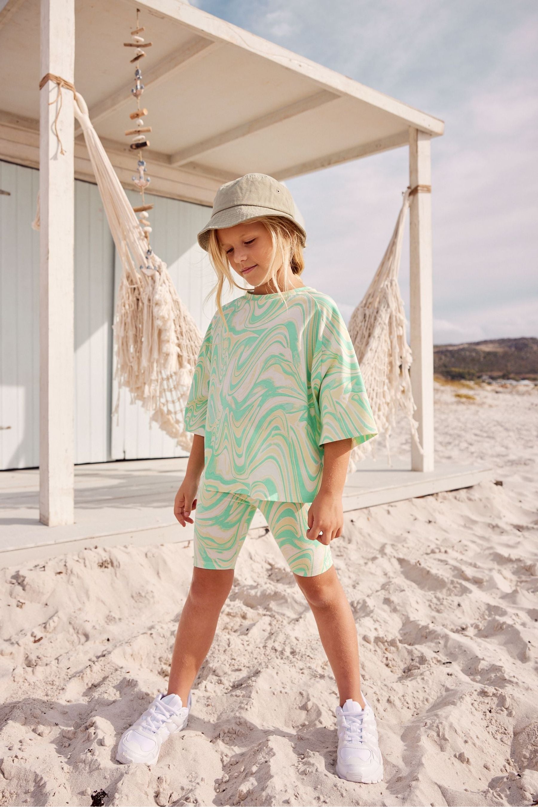 Multi Green Marble Oversized T-Shirt & Cycling Shorts Set (3-16yrs)