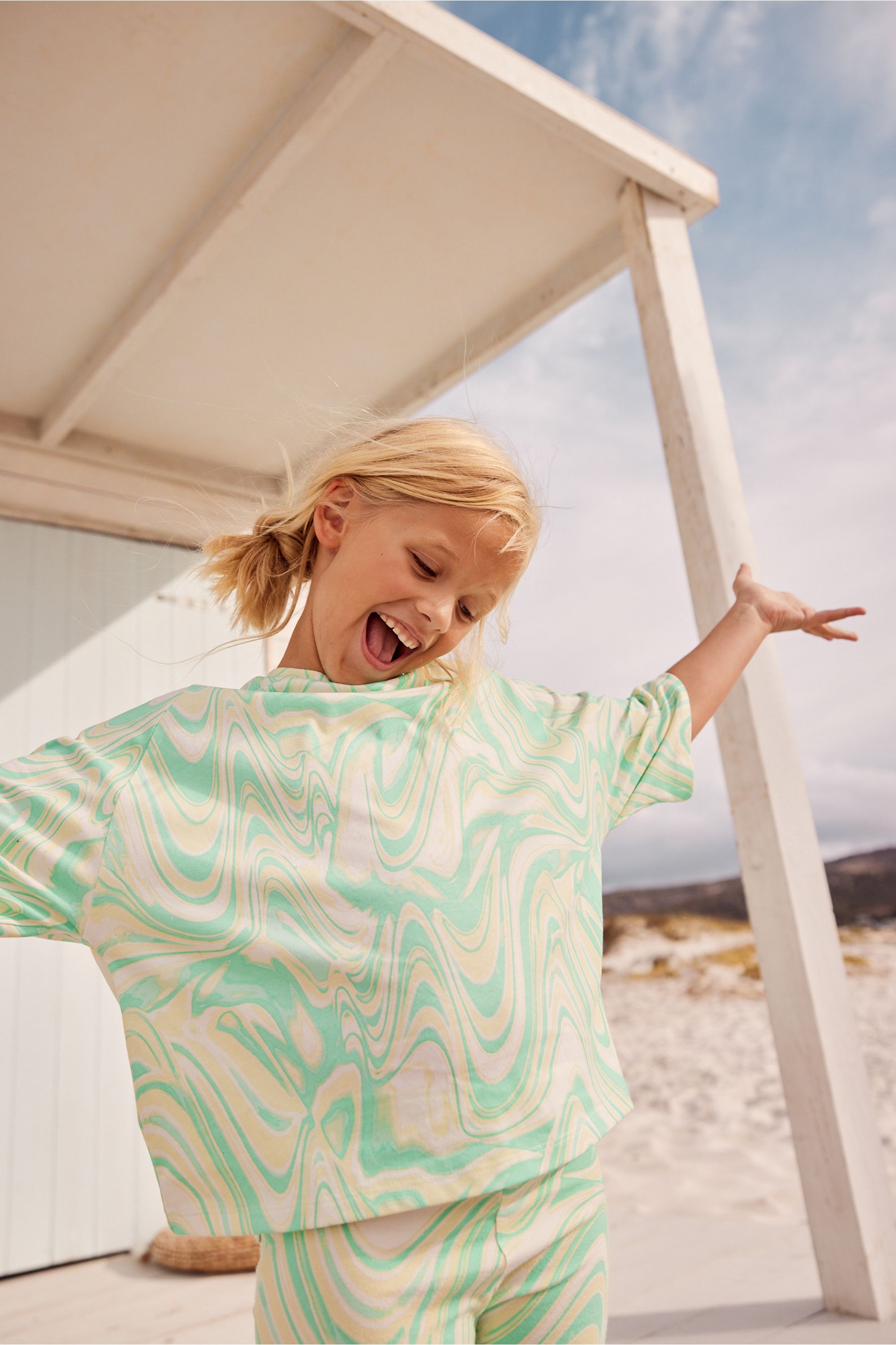 Multi Green Marble Oversized T-Shirt & Cycling Shorts Set (3-16yrs)