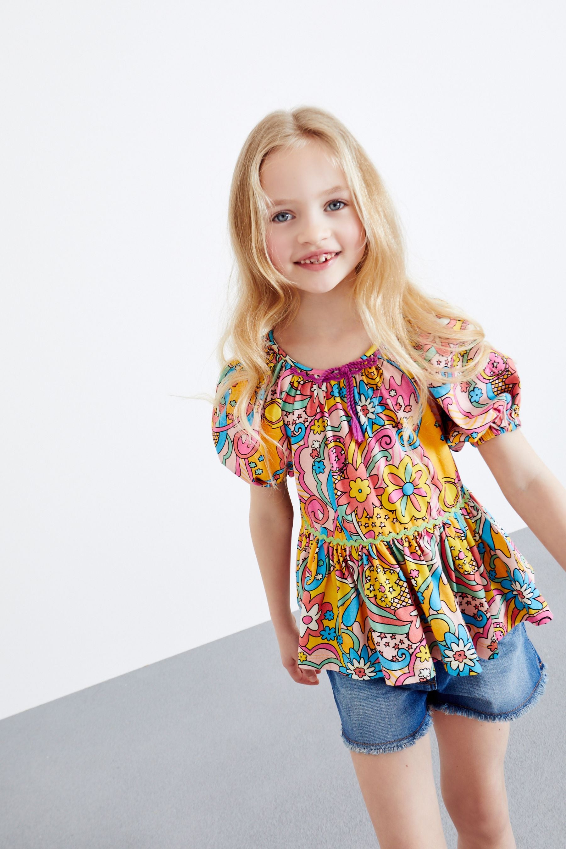 Multi Retro Floral Peplum Blouse (3-16yrs)