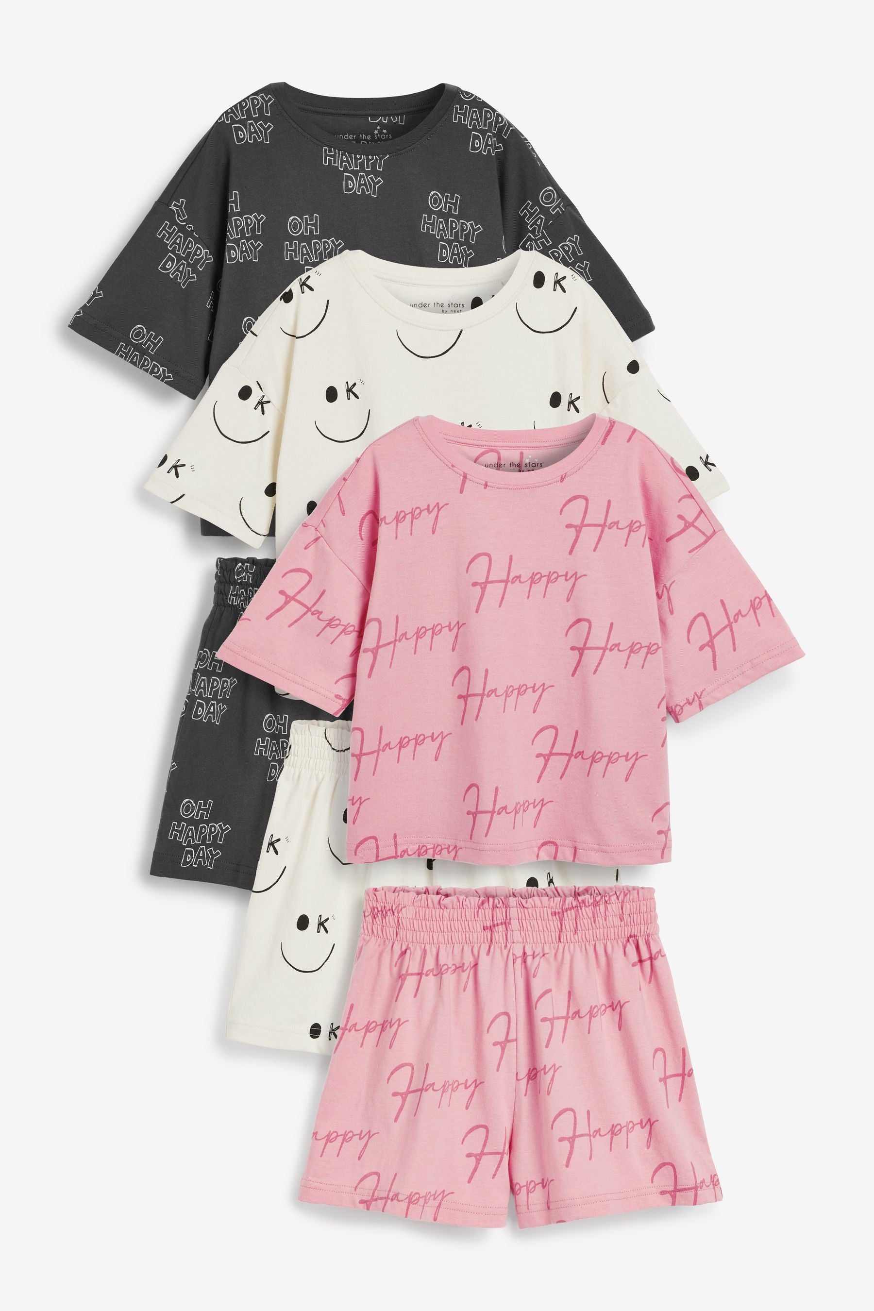 Monochrome/Pink Slogan 3 Pack Short Pyjamas (9mths-16yrs)