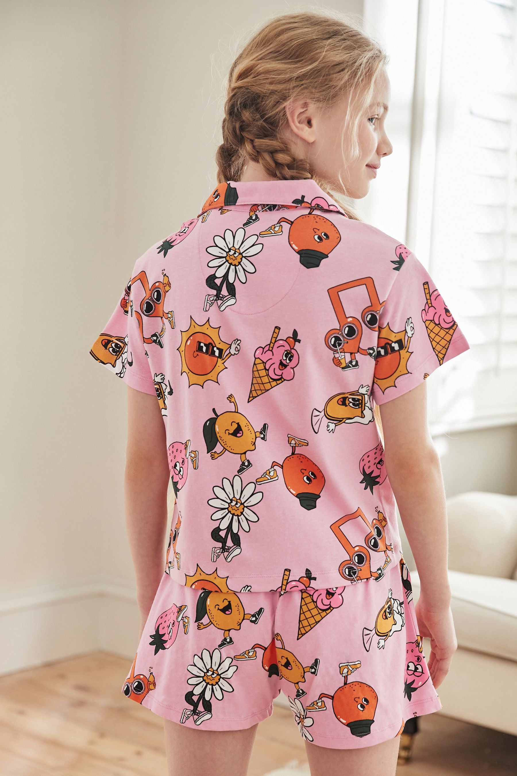 Pink/Yellow Fun Character Jersey Button Through Short Pyjamas (3-16yrs)