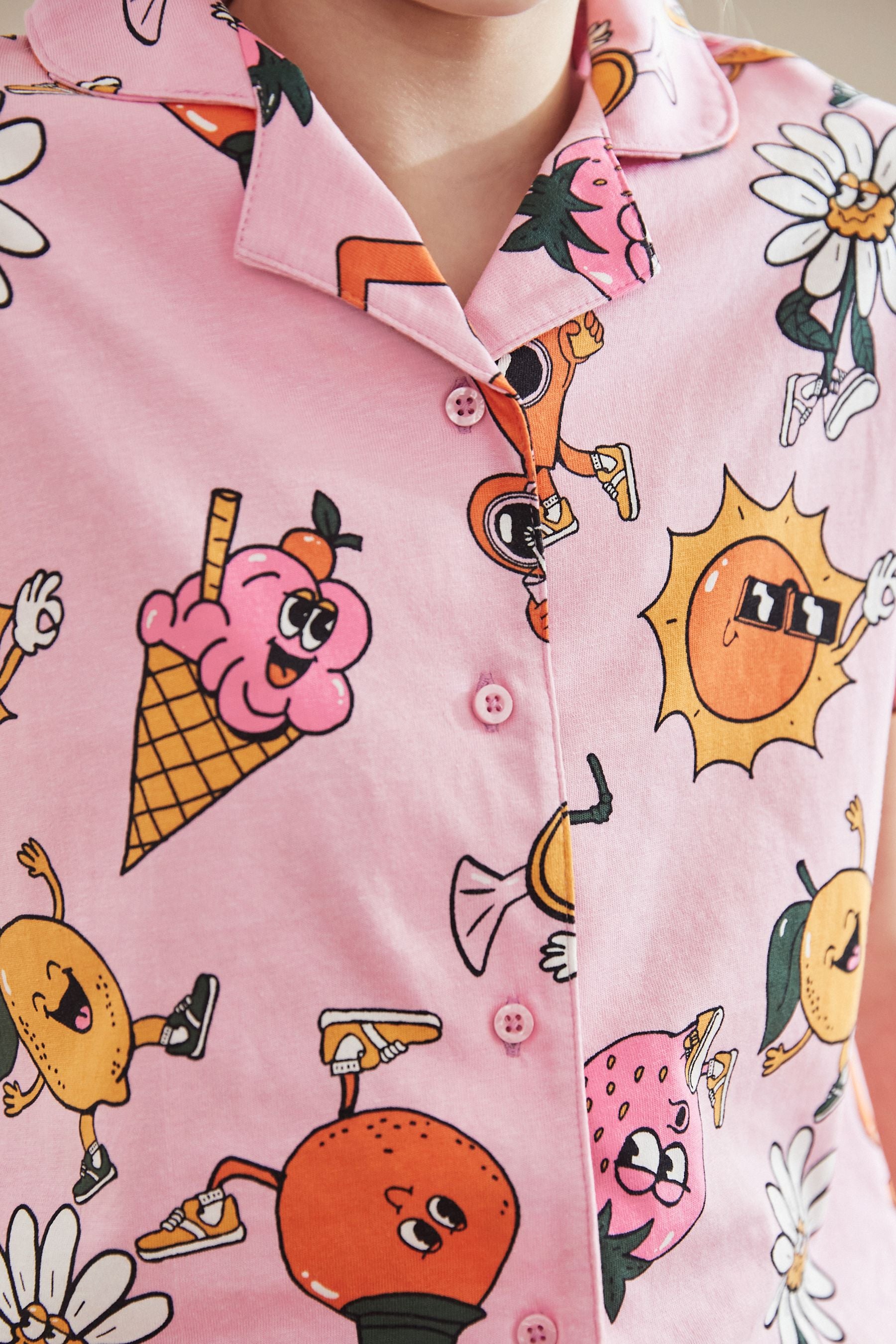 Pink/Yellow Fun Character Jersey Button Through Short Pyjamas (3-16yrs)