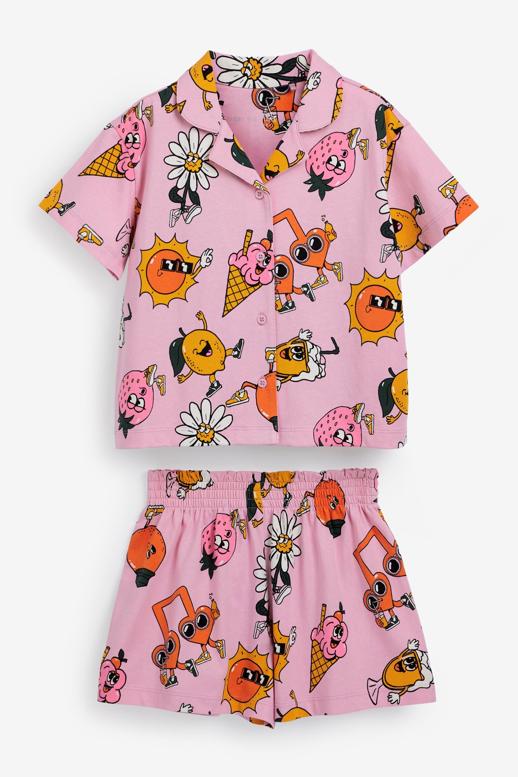 Pink/Yellow Fun Character Jersey Button Through Short Pyjamas (3-16yrs)