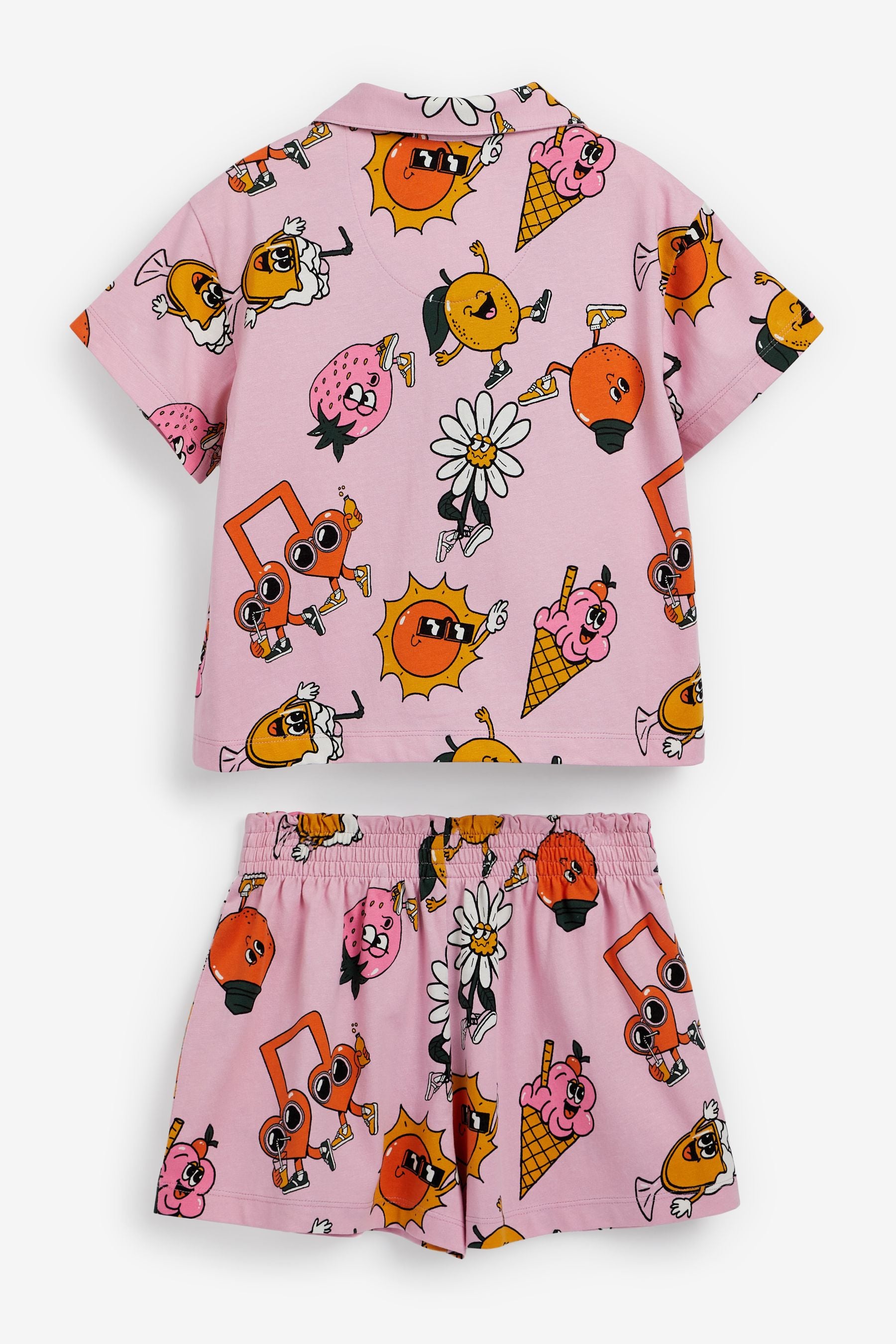 Pink/Yellow Fun Character Jersey Button Through Short Pyjamas (3-16yrs)