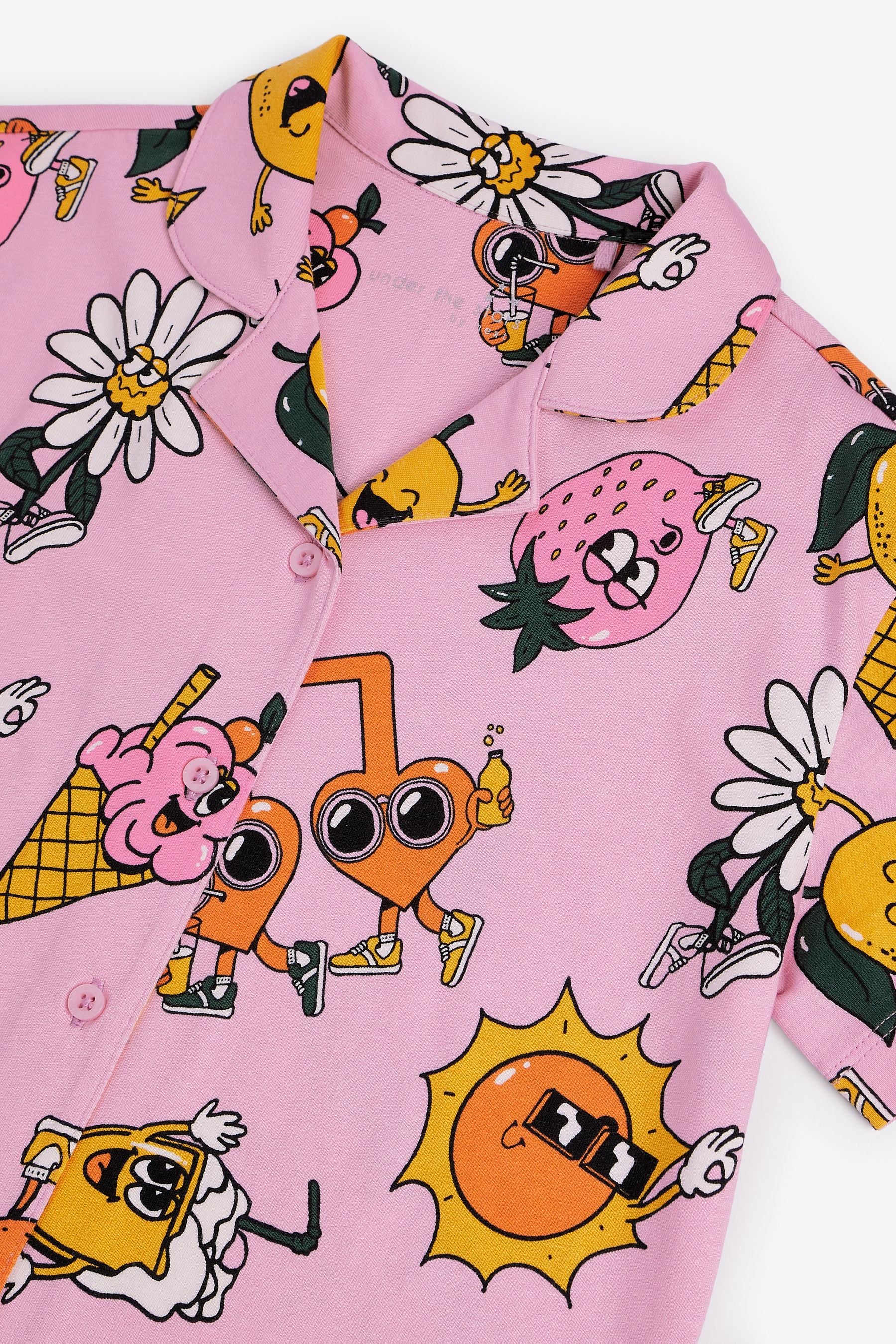 Pink/Yellow Fun Character Jersey Button Through Short Pyjamas (3-16yrs)