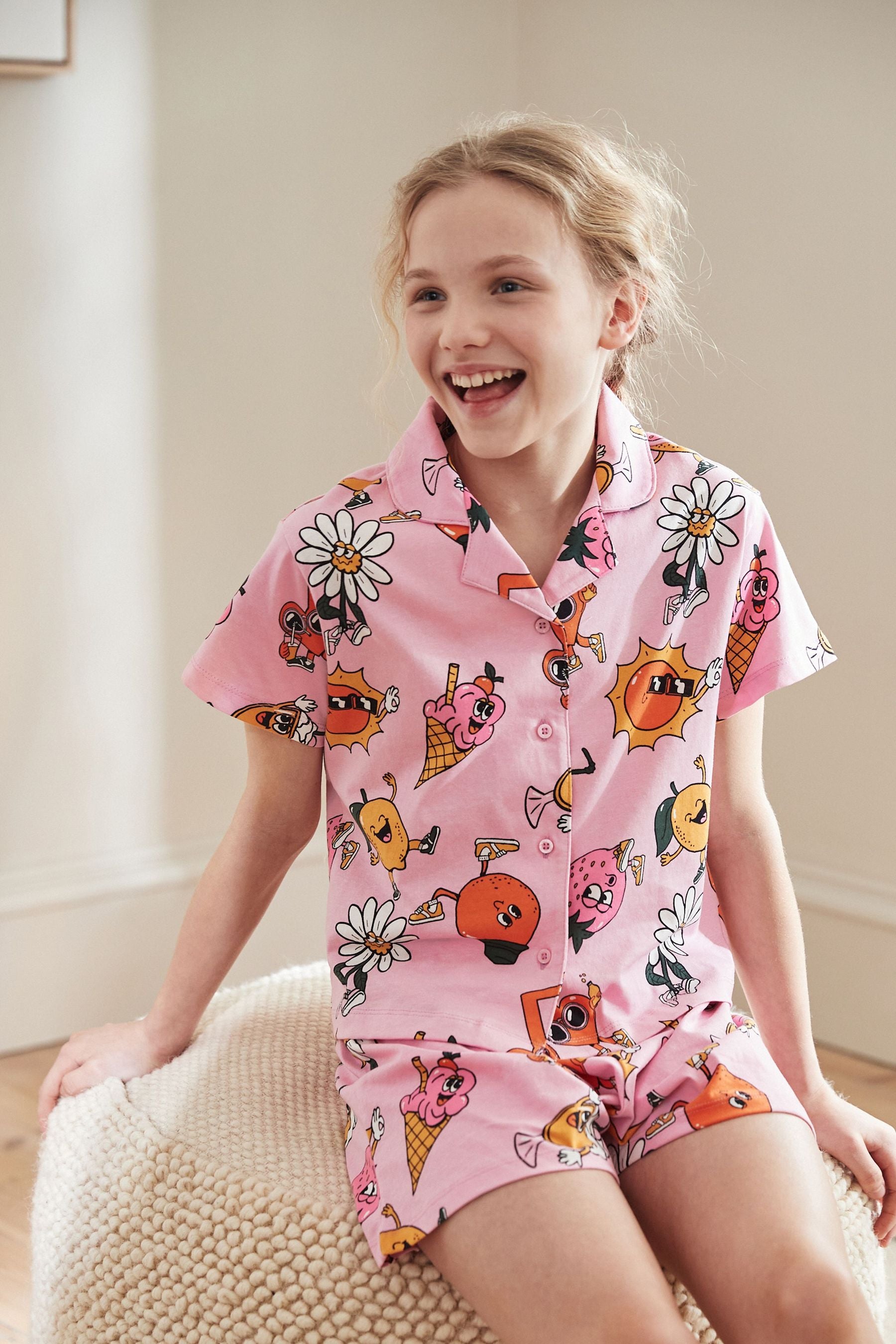 Pink/Yellow Fun Character Jersey Button Through Short Pyjamas (3-16yrs)