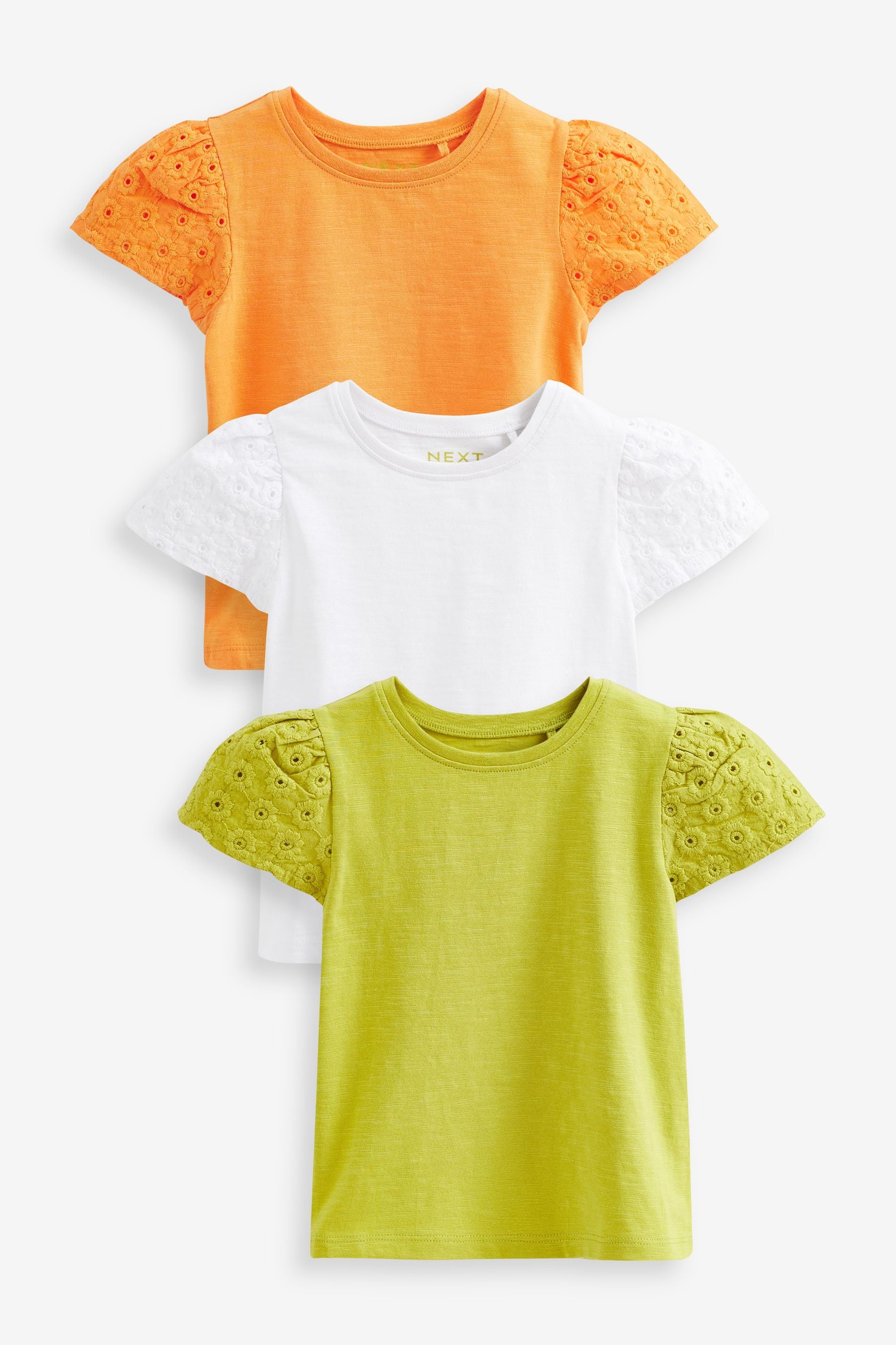 Green & Orange Broderie Sleeve T-Shirts 3 Pack (3mths-7yrs)