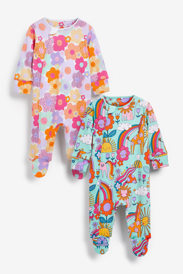 Bright Retro Print 2 Pack Zip Baby Sleepsuits (0-2yrs)