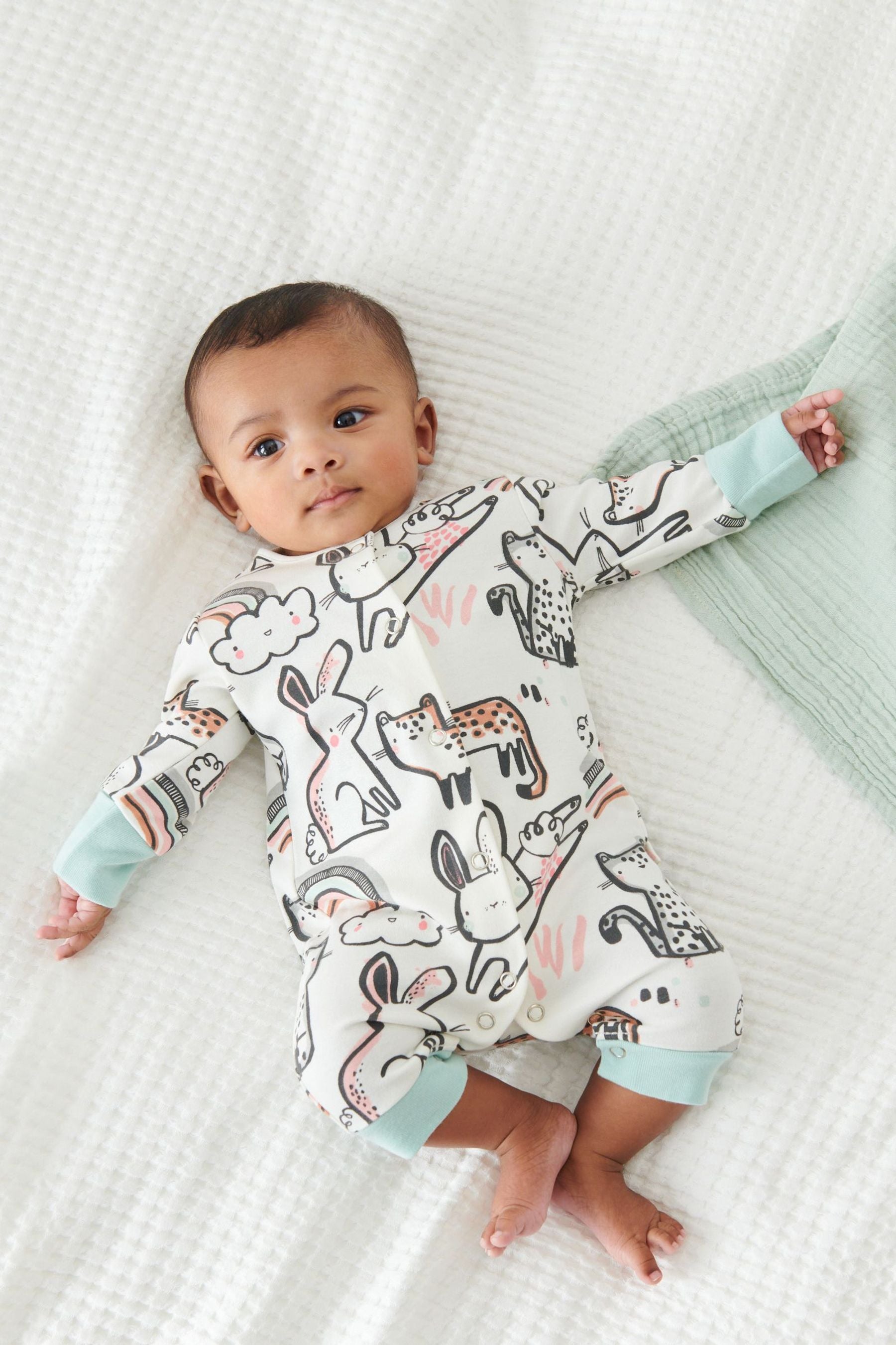 Pink/Mint Green Bunny Baby 5 Pack Printed Footless Sleepsuits (0mths-3yrs)